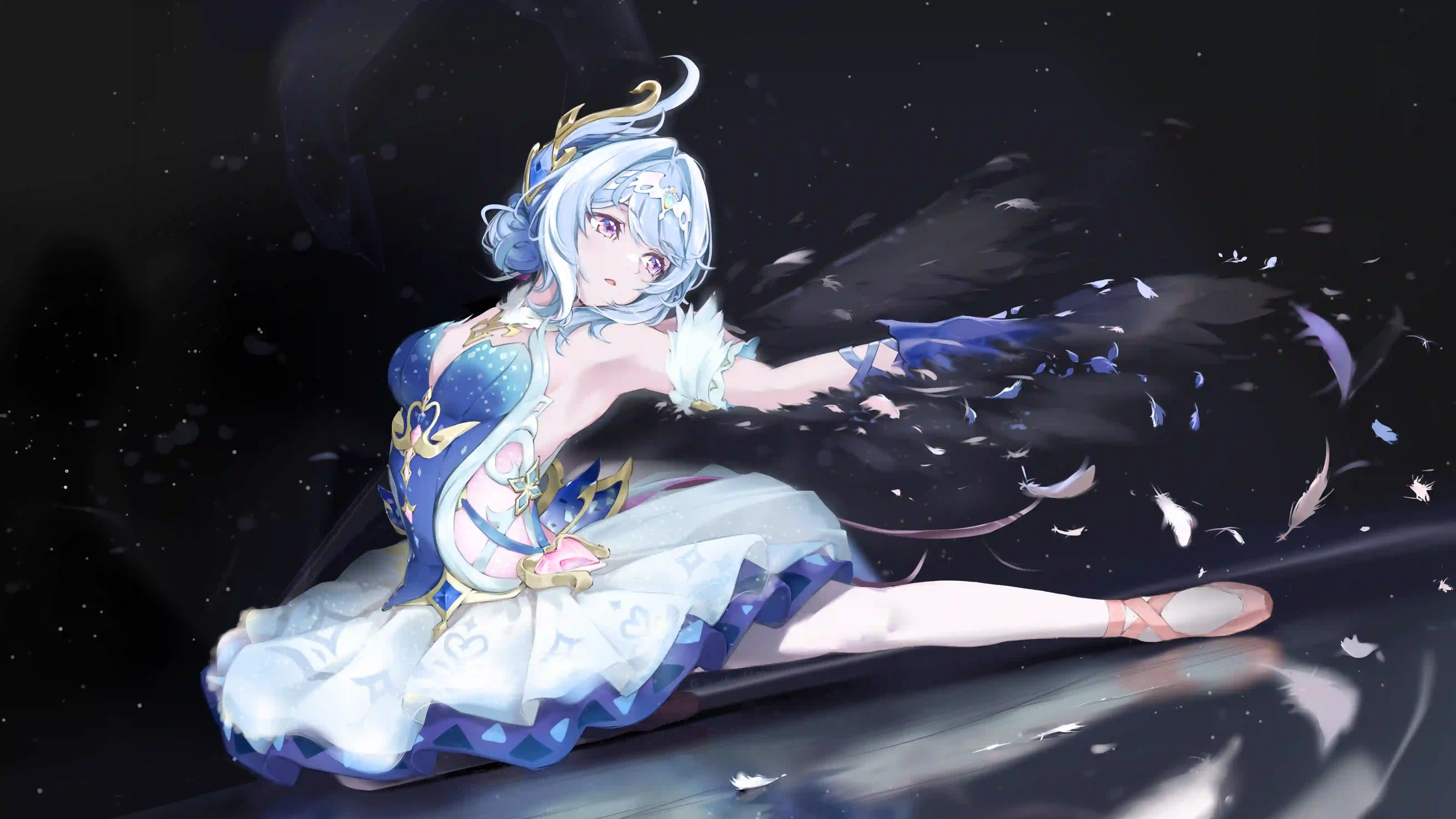 原神 芙宁娜 动漫壁纸 银发少女 蓝色礼服 羽毛 梦幻 唯美