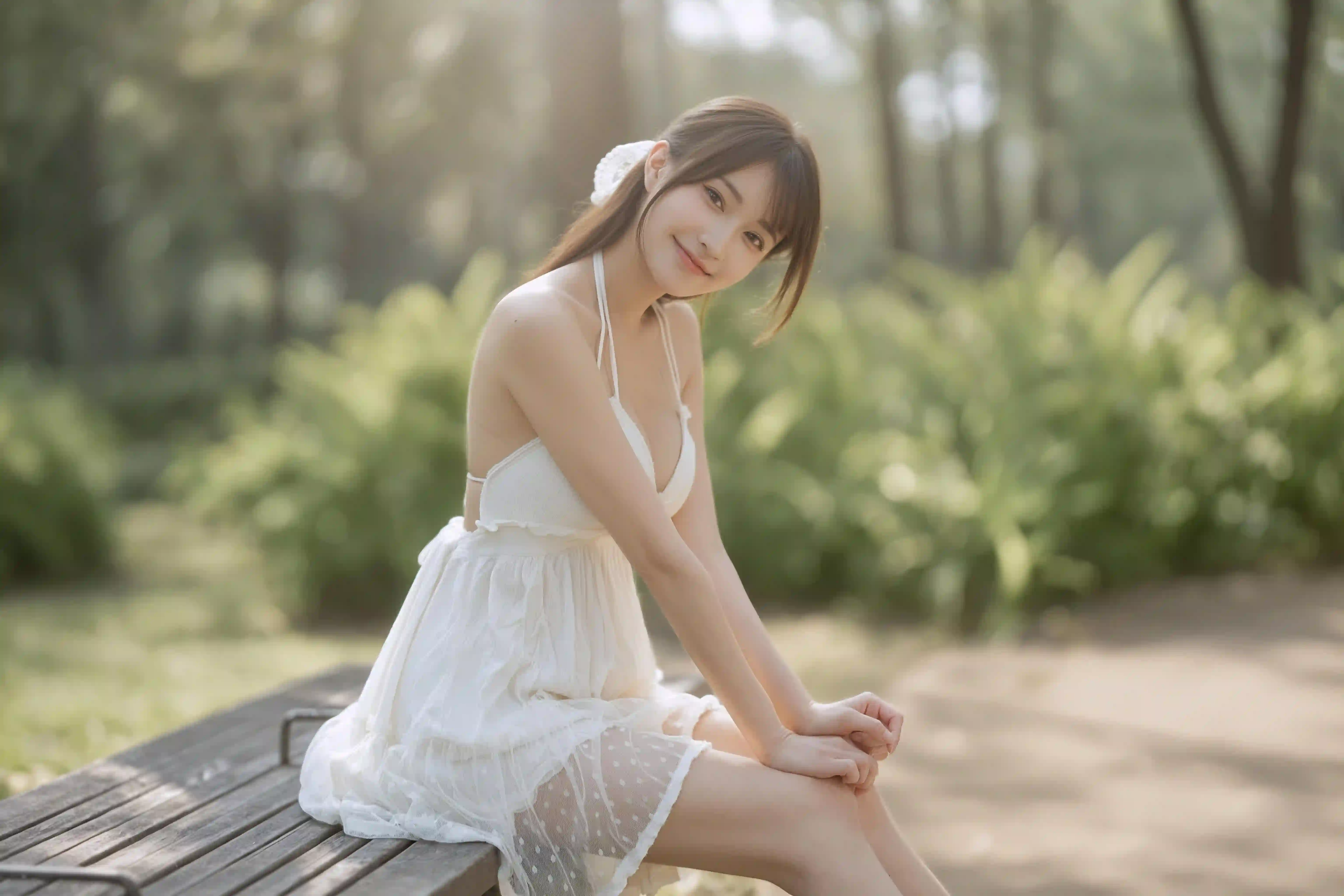 长发白裙女孩 户外写真 吊带 甜美 微笑