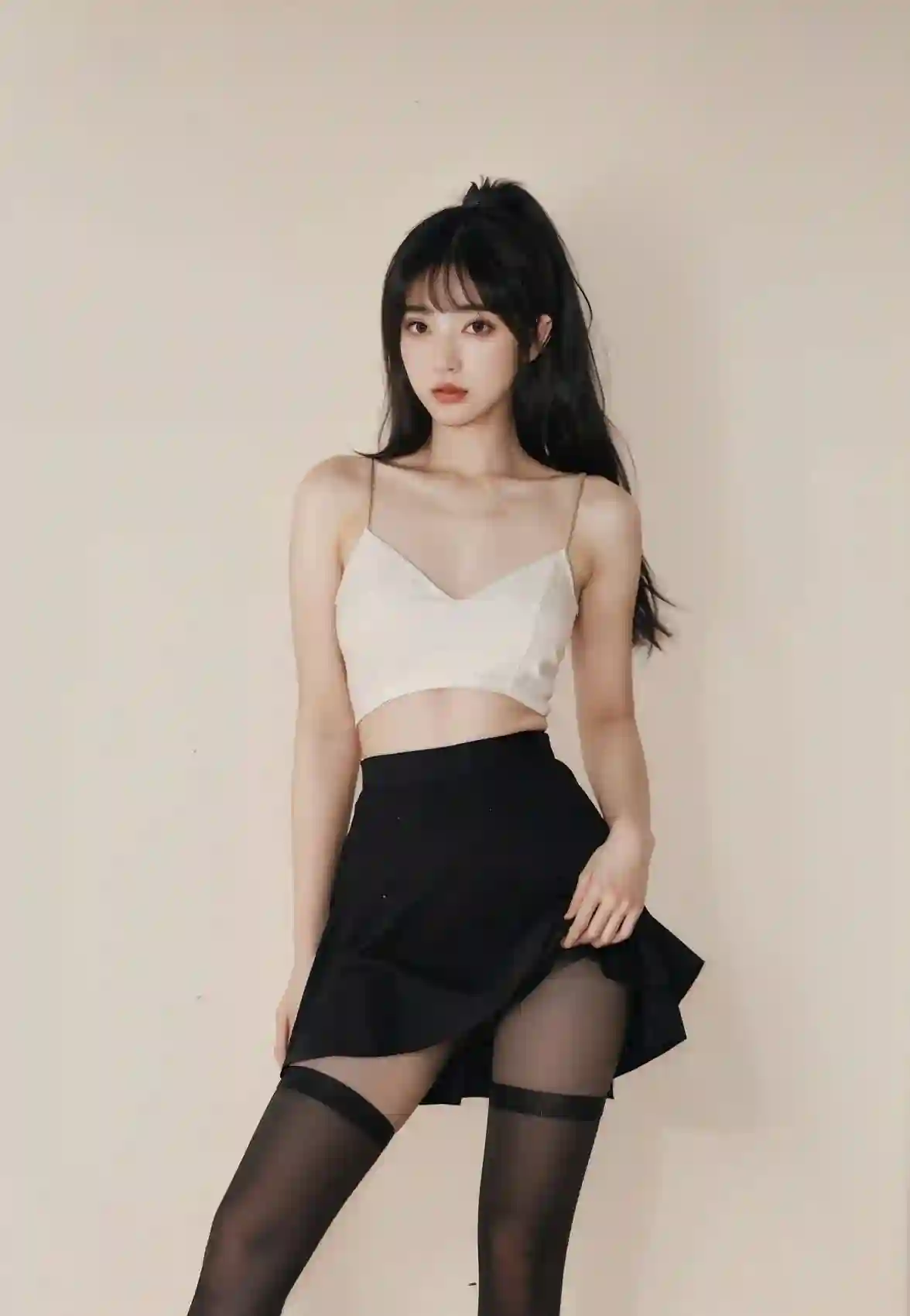 长发美女 黑丝 白色吊带装 黑色小短裙 