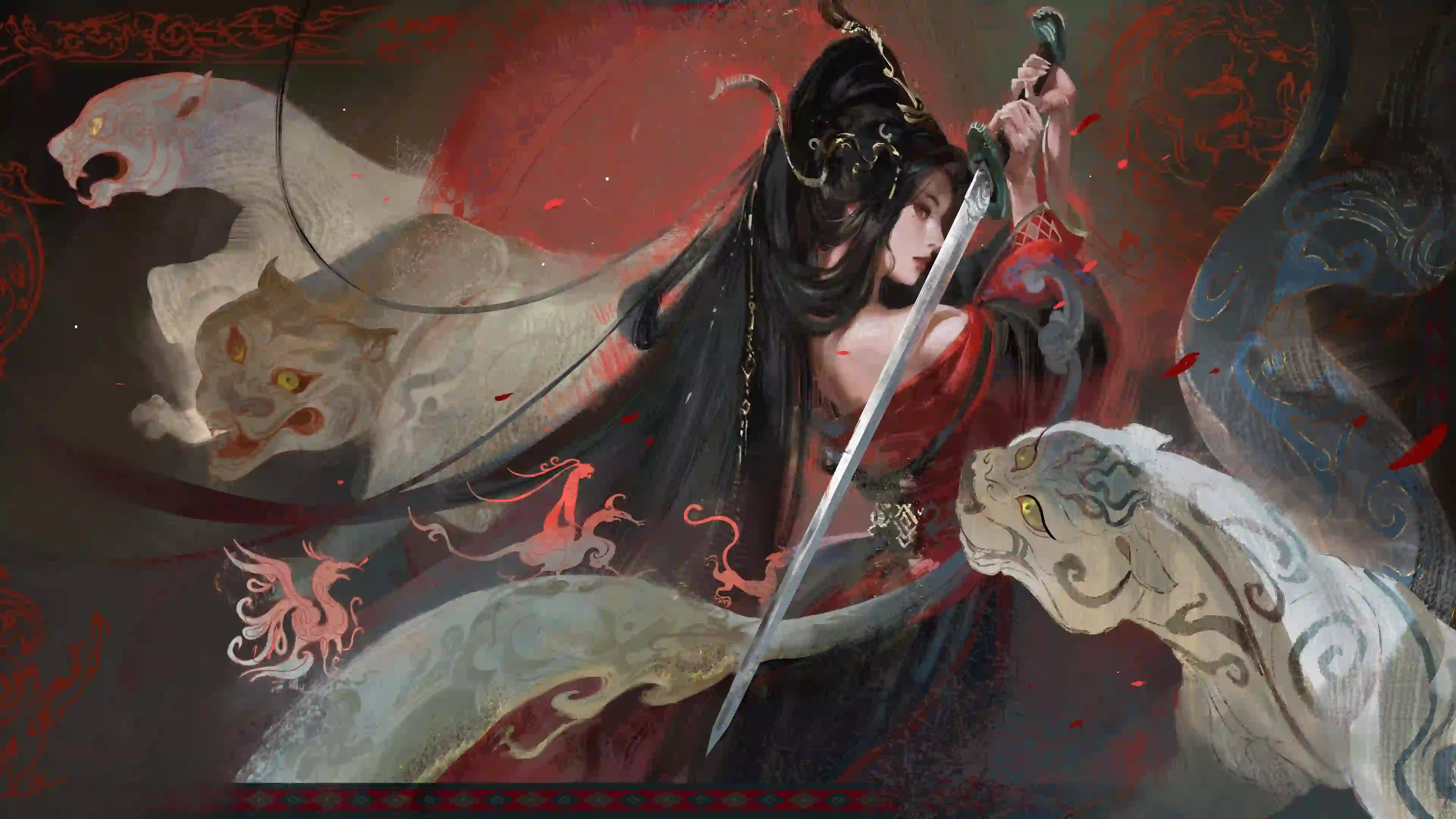 虞姬 长剑 神兽 高清厚涂 红裙 仙侠