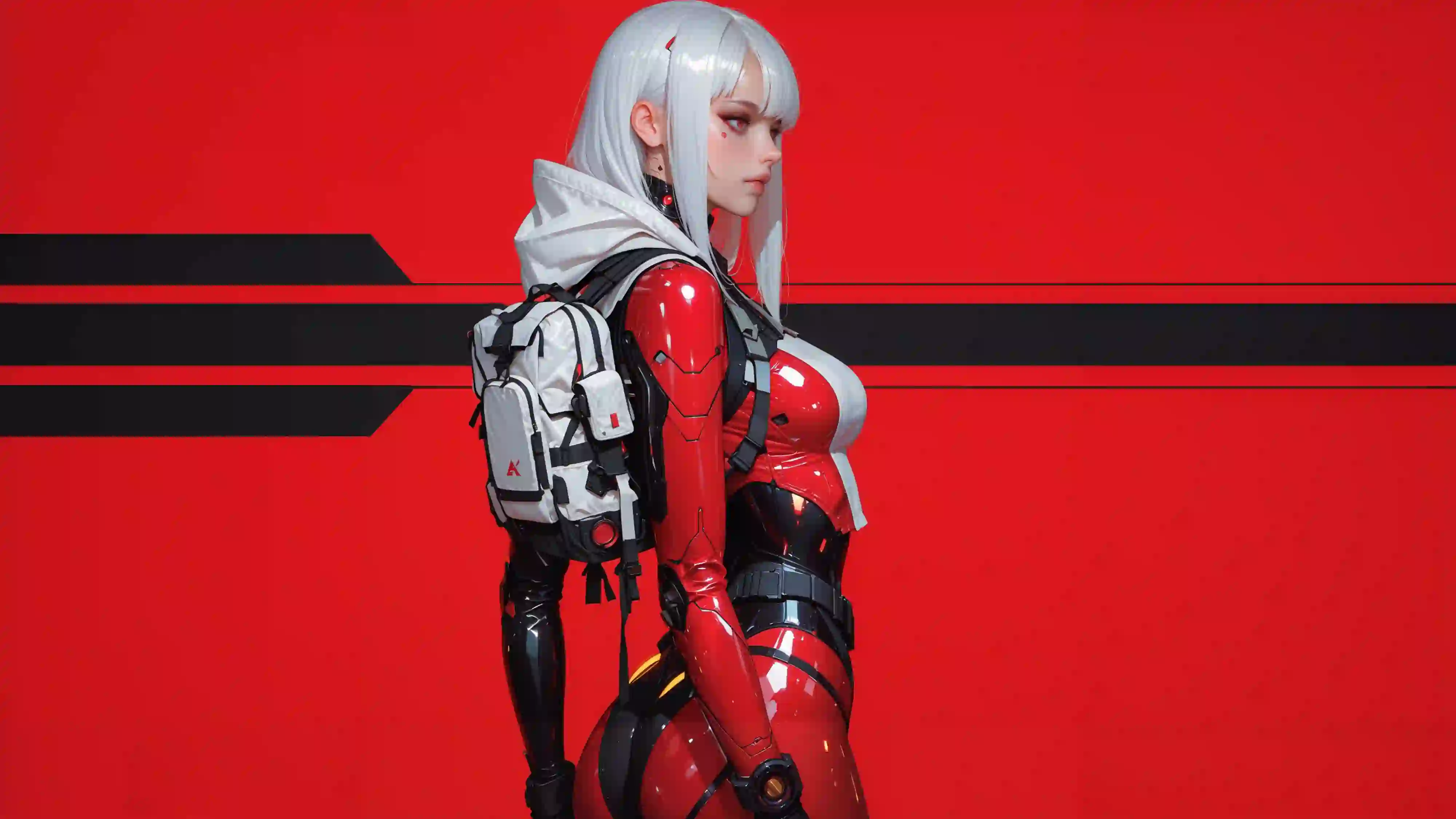 AI-AI少女 白色长发 红色背景 