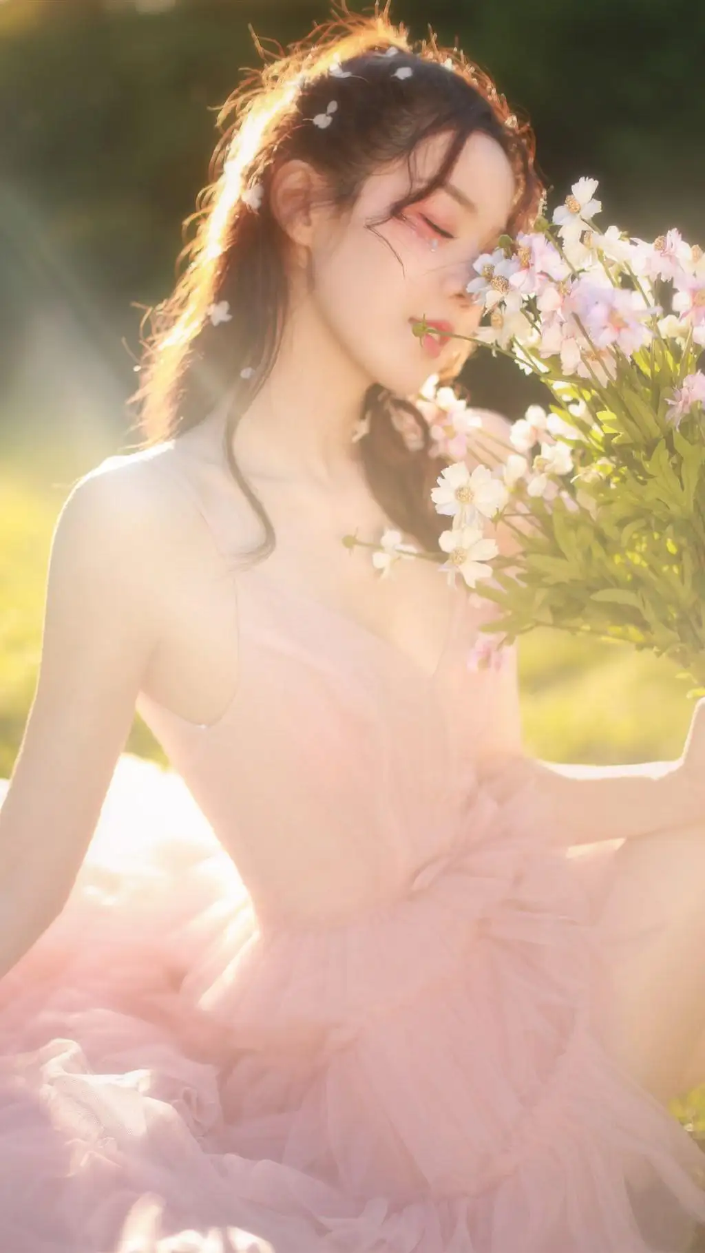 阳光下的粉色长裙美女