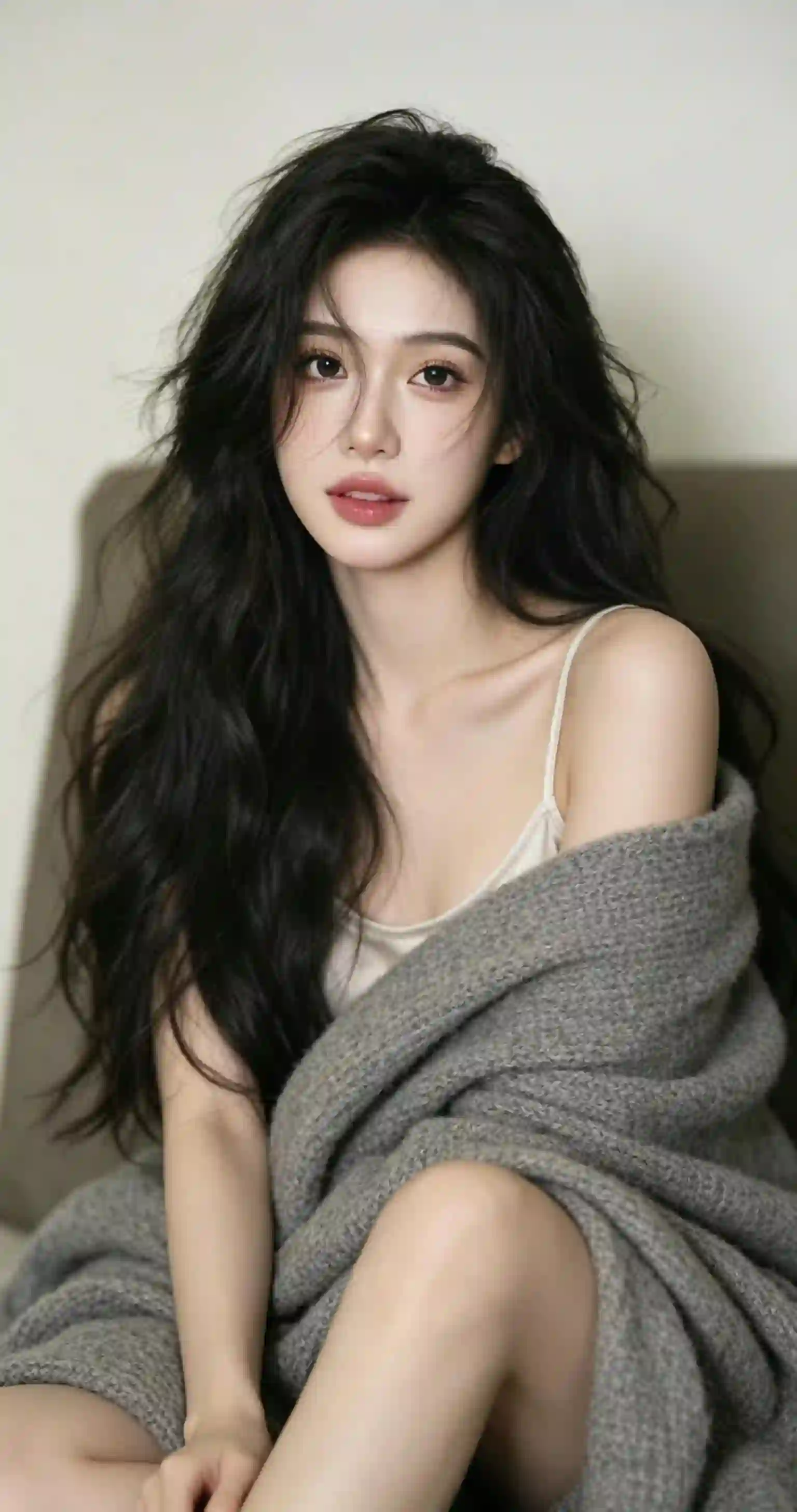 长发少女 灰色毛毯 温柔居家 写真 慵懒