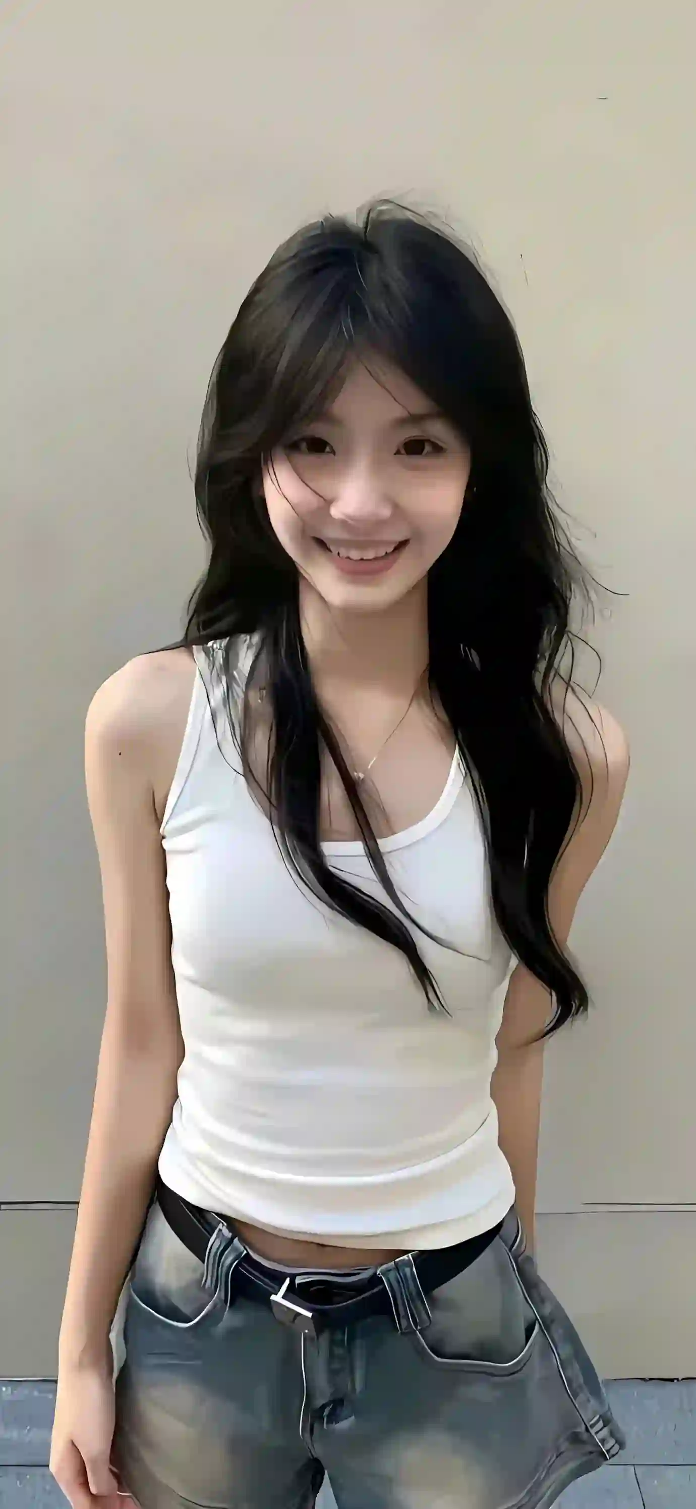 女孩 微笑 白色背心 牛仔裤 长发 室内 简约 背景