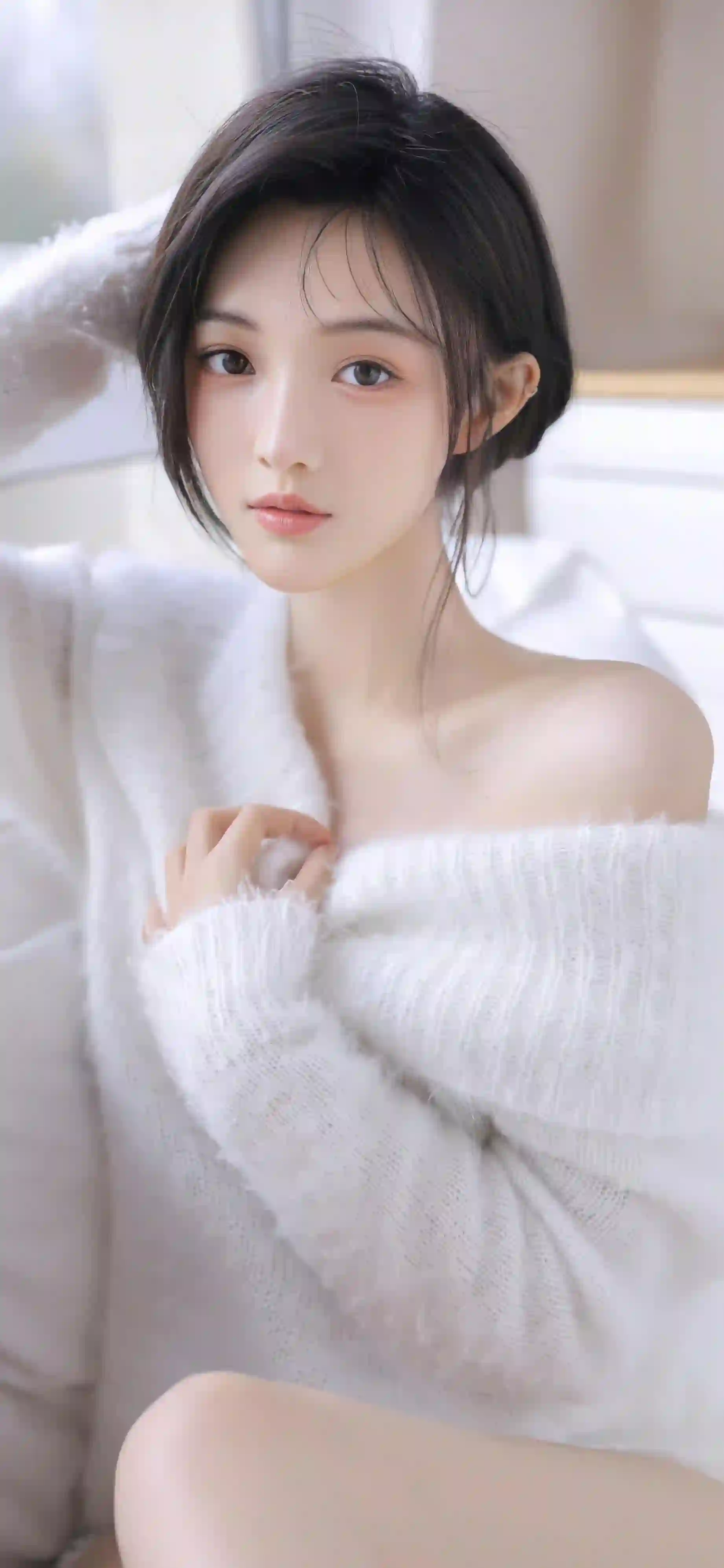 长发美女 清纯 白色毛线衣服 居家