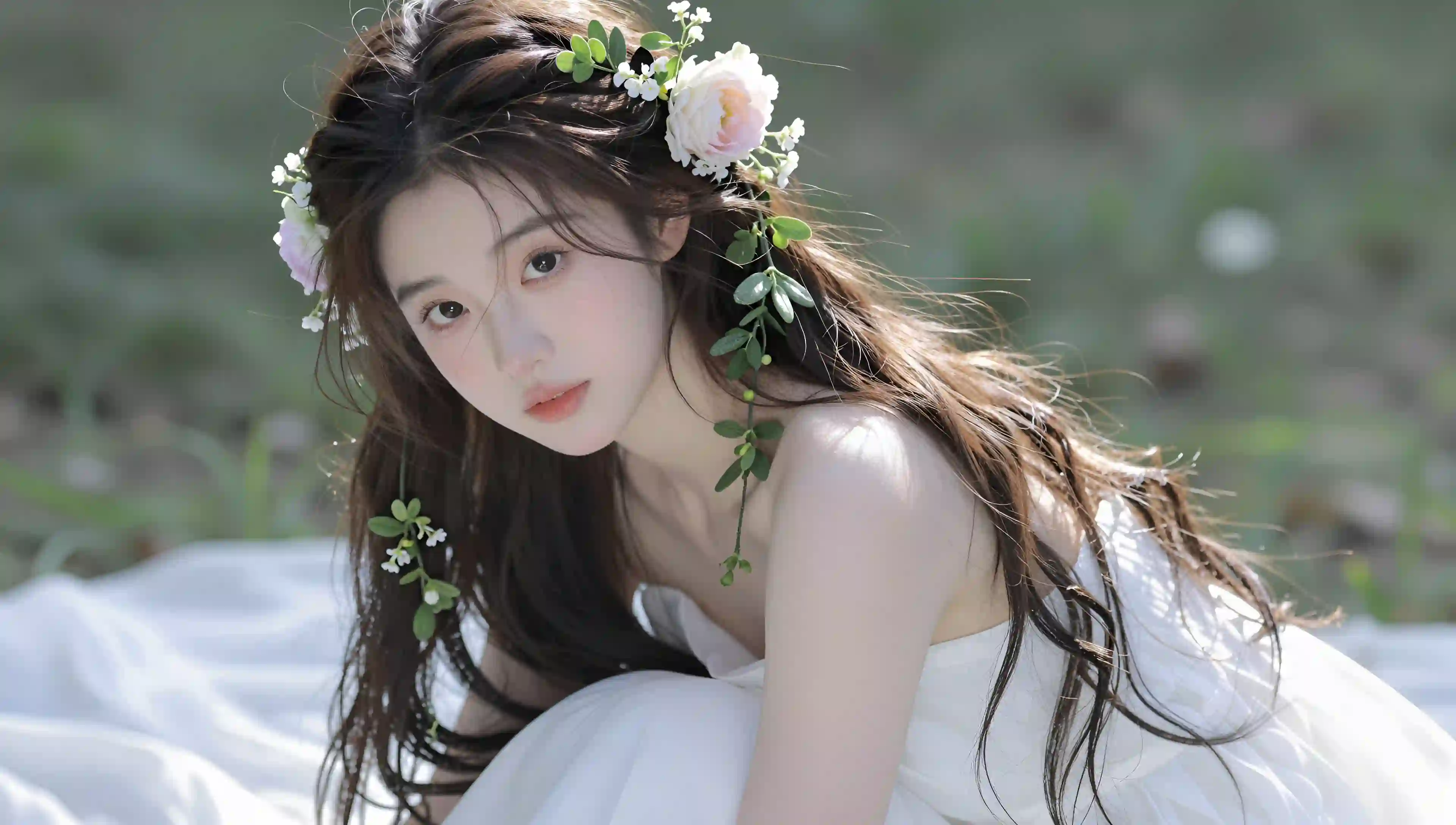 美女 花环 白裙 清新 唯美 户外 自然光 森系