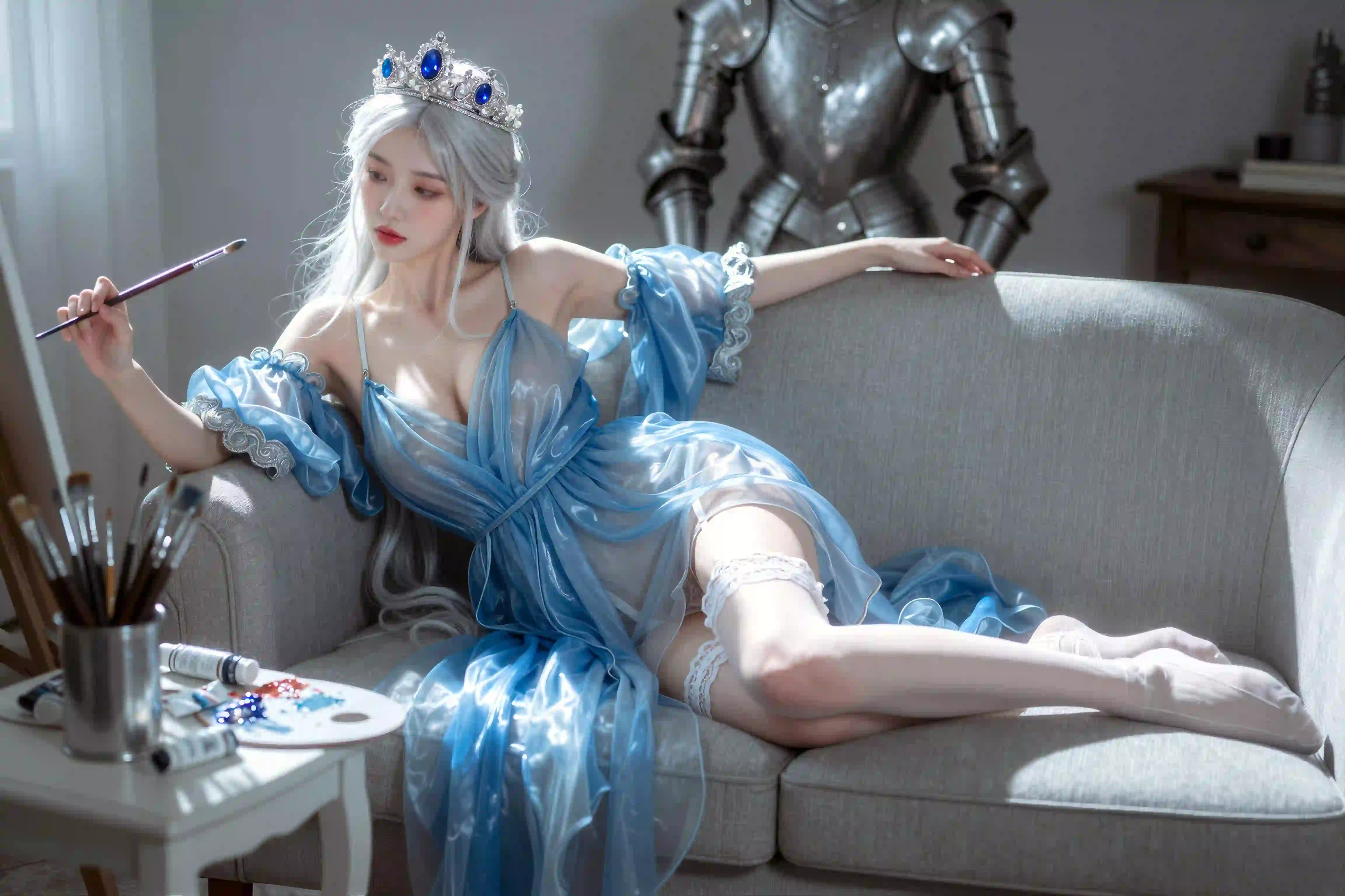 ai 长发性感美女 长腿美女 丝袜 白色丝袜