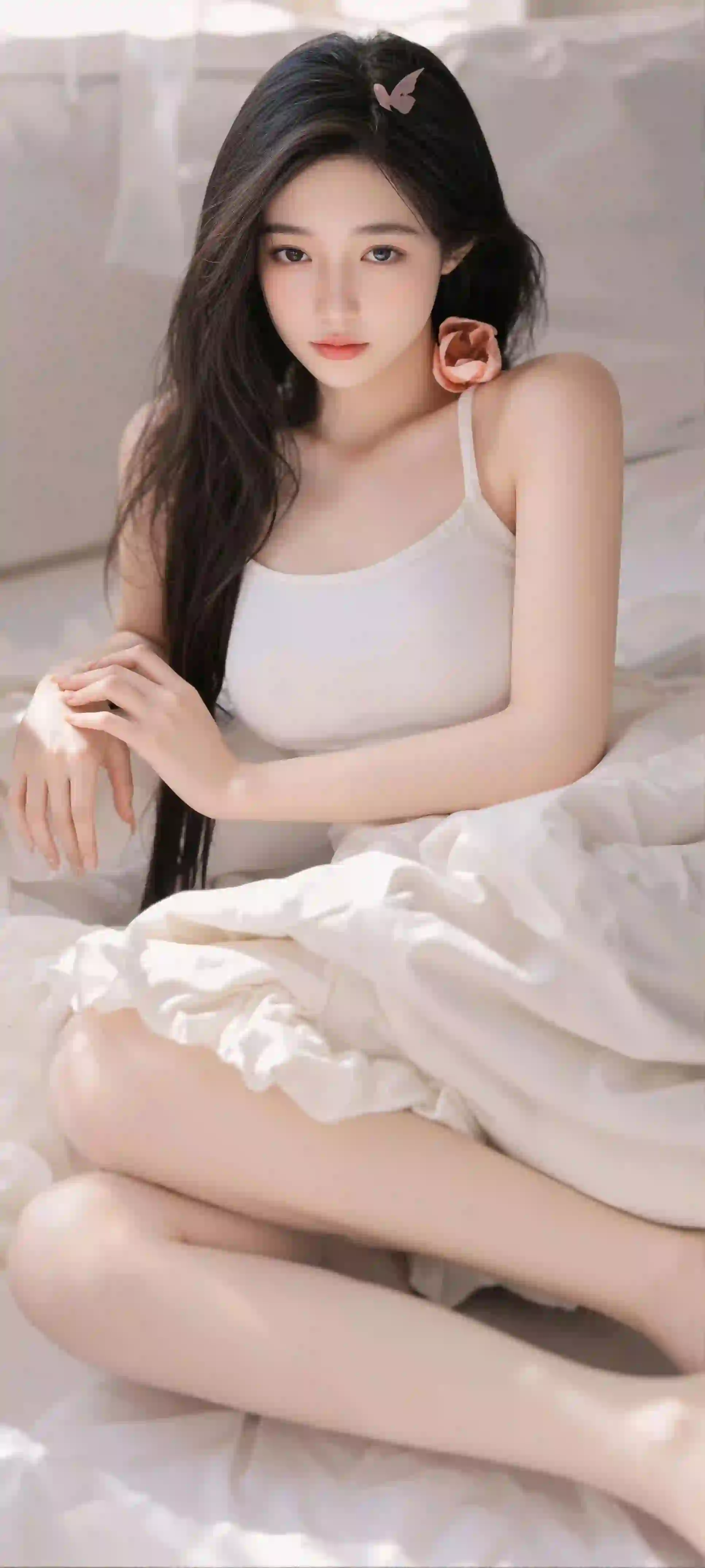 长发美女 清纯美女 居家写真 吊带 白色长裙美女 长腿美女