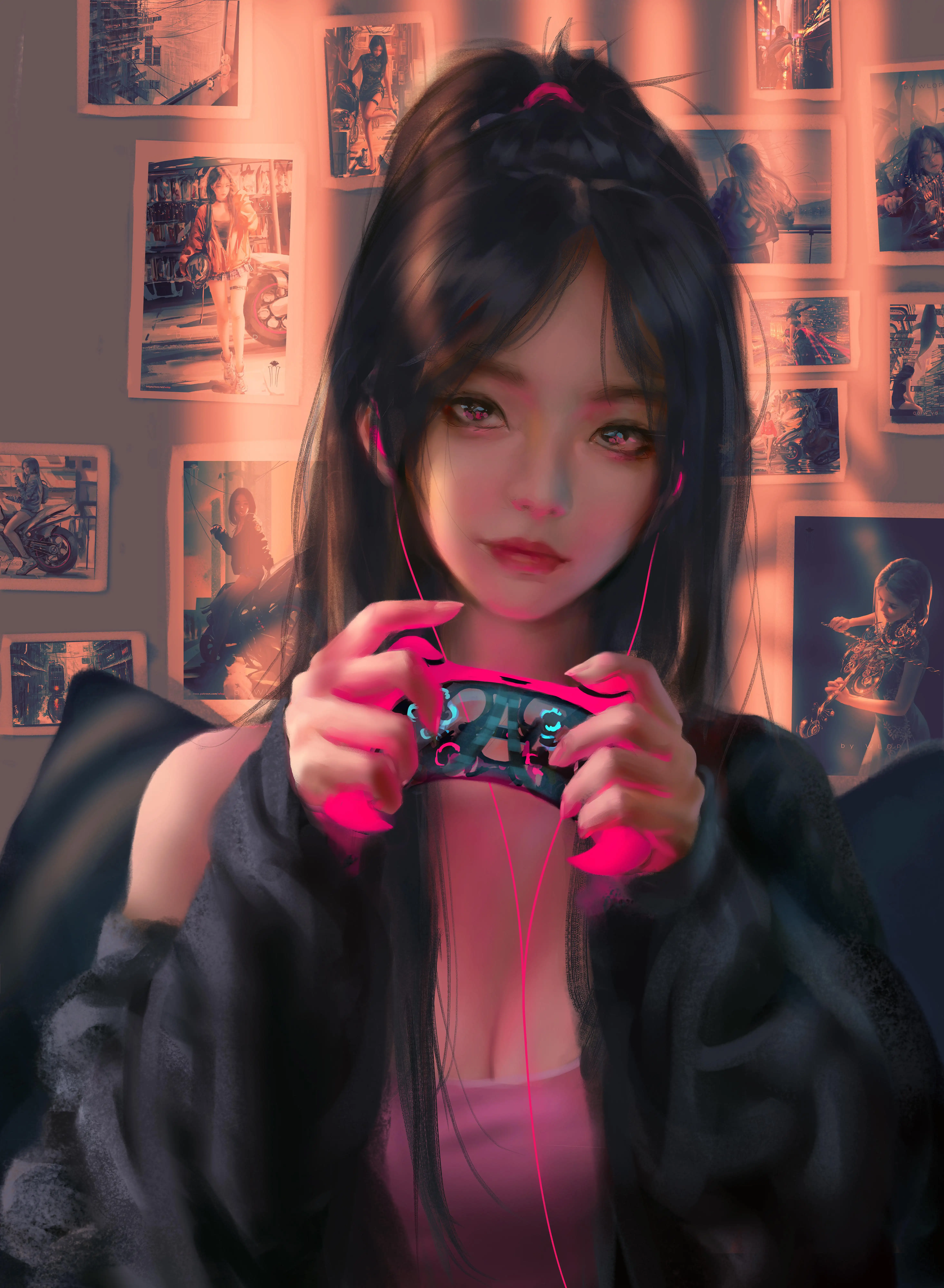 拿着游戏机的长发黑衣女孩｜wlop