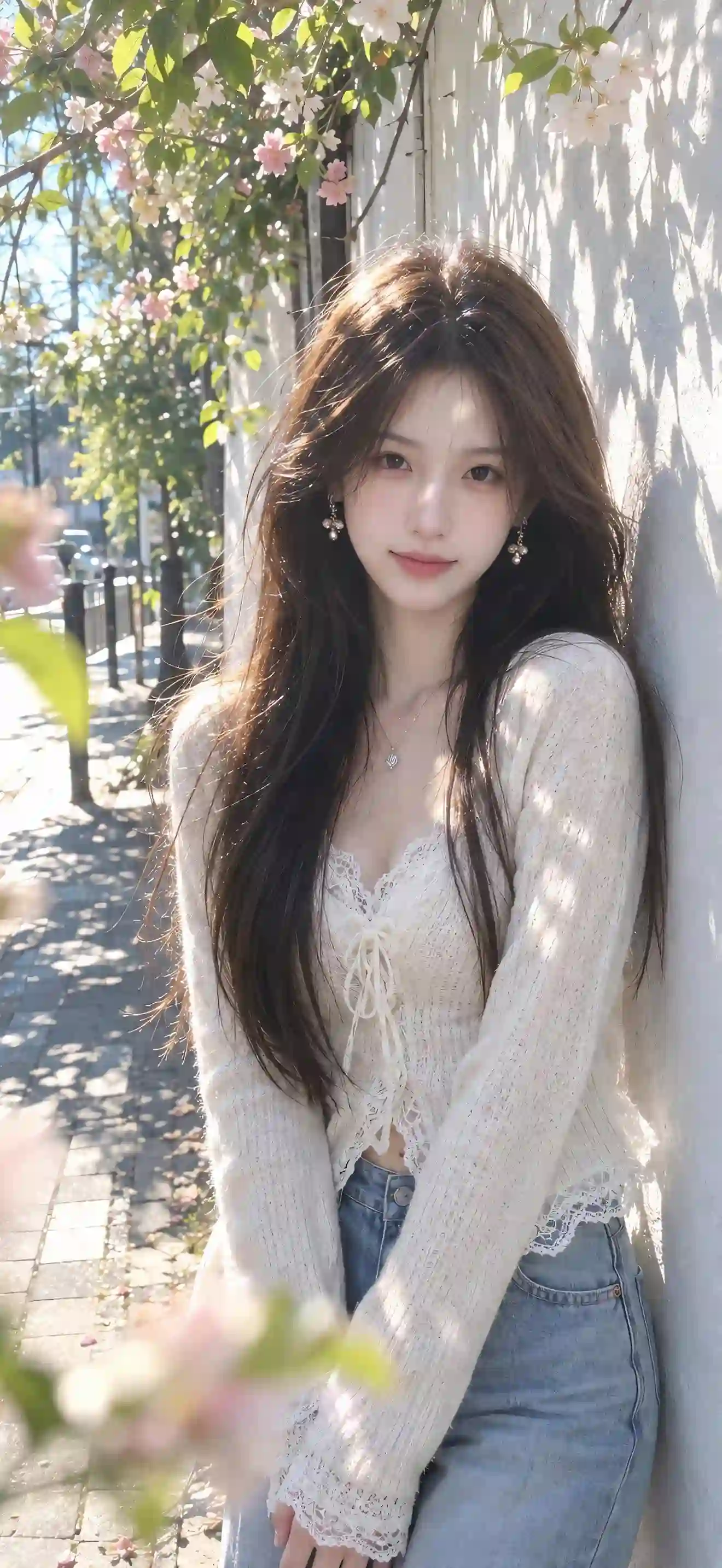 春日 阳光少女 长发美女 清新街拍 白墙花影