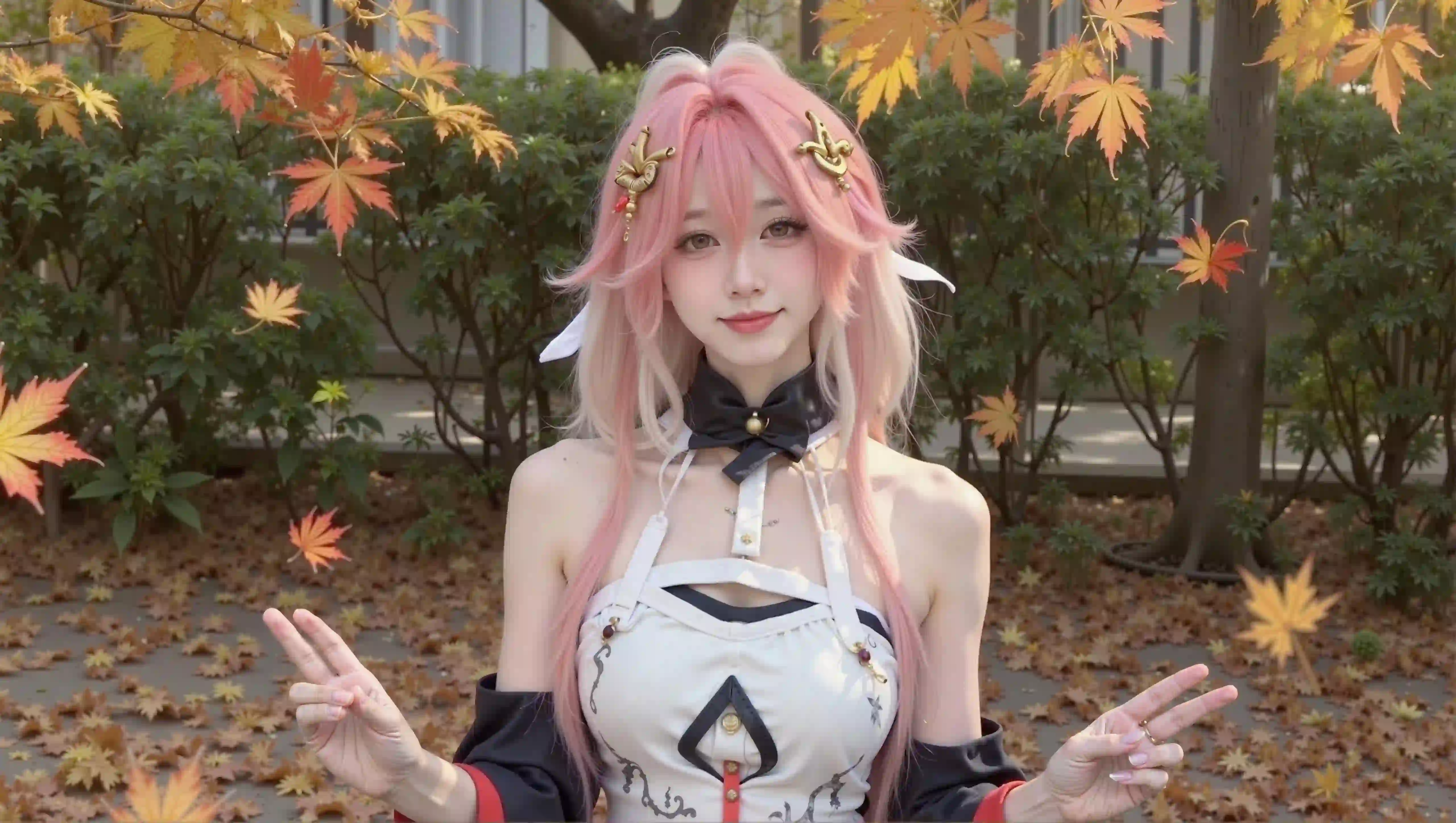 Coser 长发美女 游戏角色cos 八重神子 户外 黄色枫叶