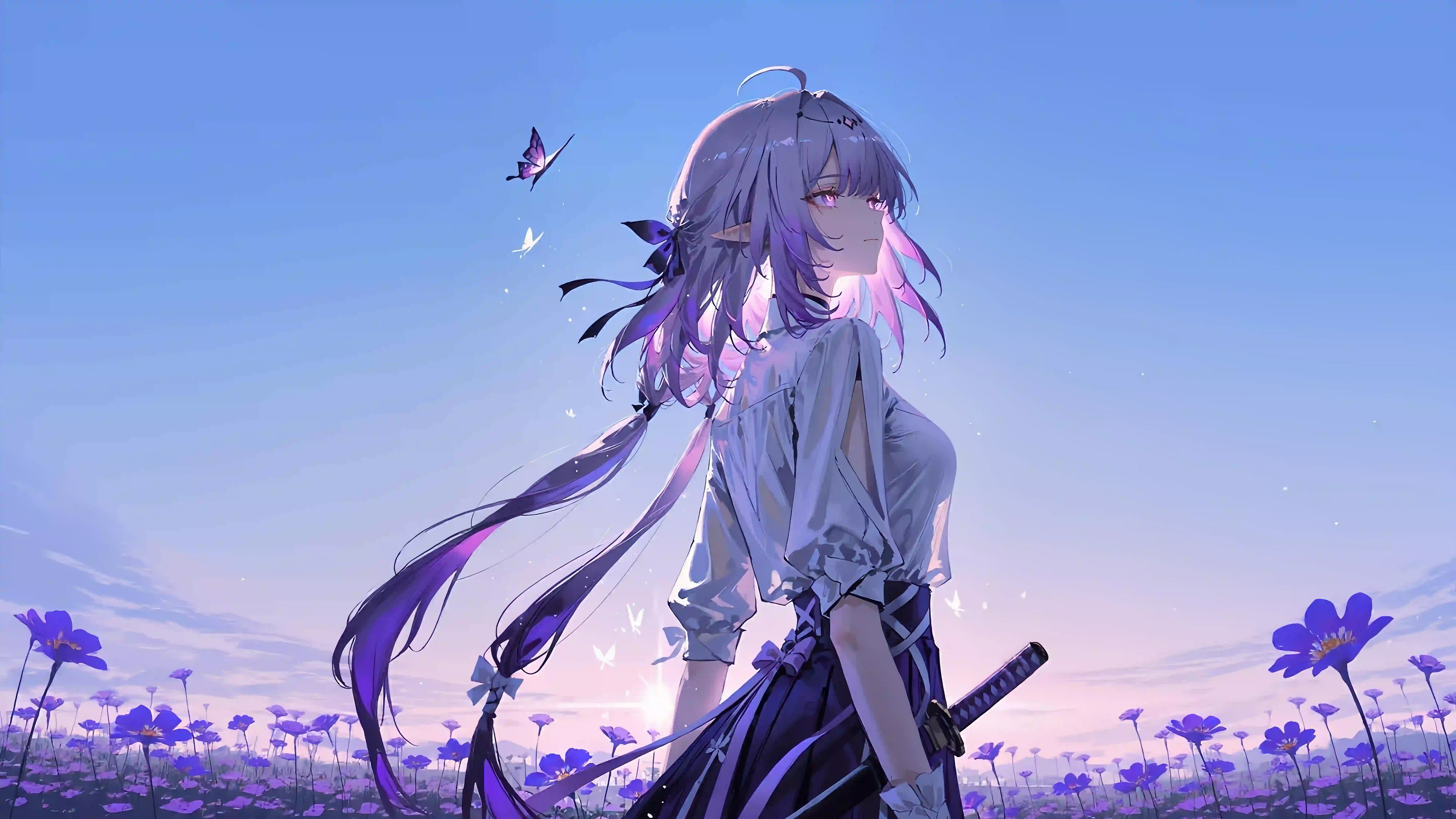 崩坏 星穹铁道 紫色花海 剑士女孩 动漫女孩 紫色头发 花 花海