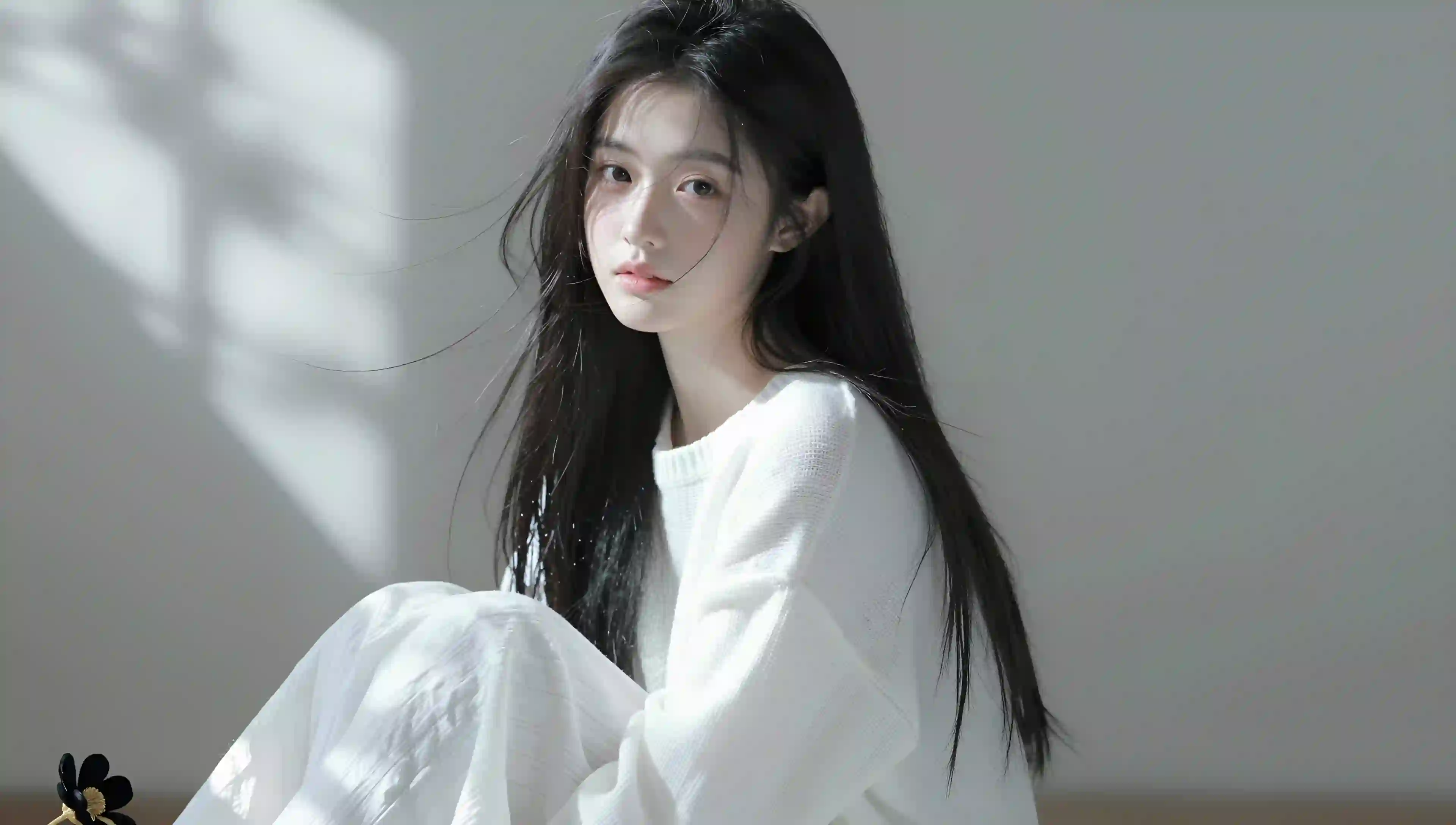 阳光 少女 室内 白色毛衣 树影 肖像