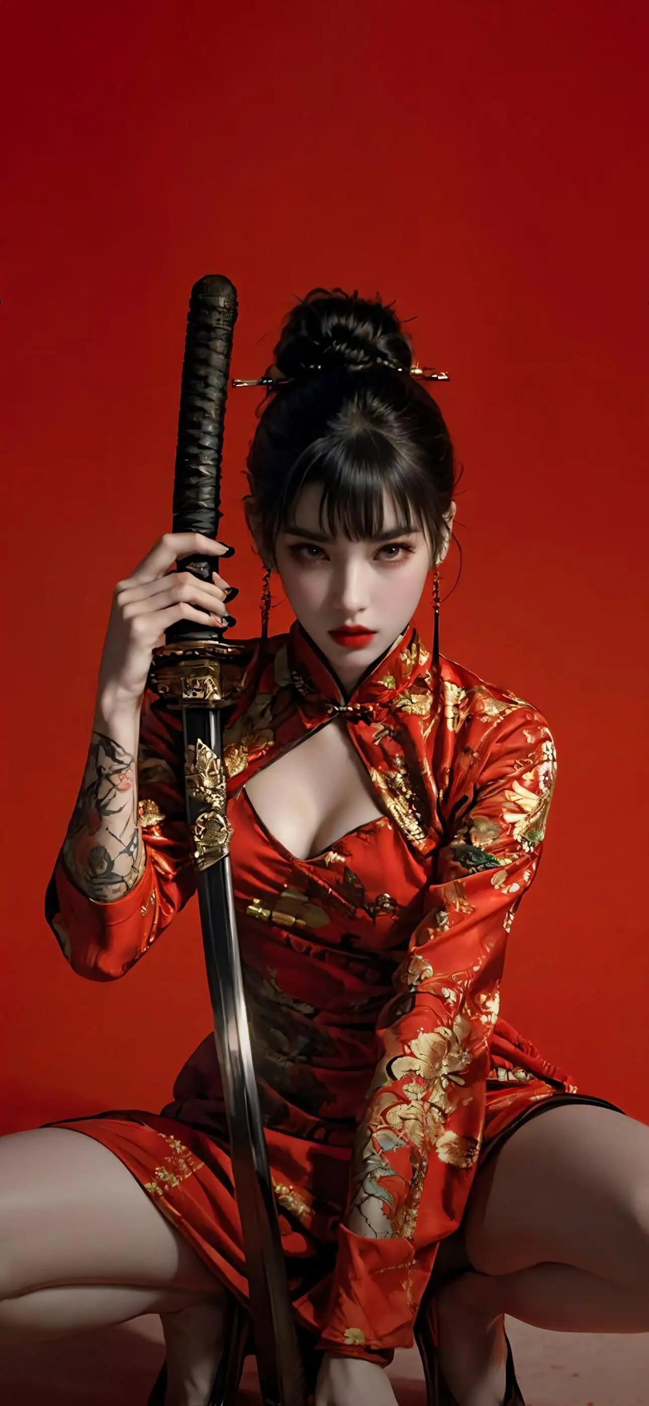 手扶着刀，旗袍装AI美女