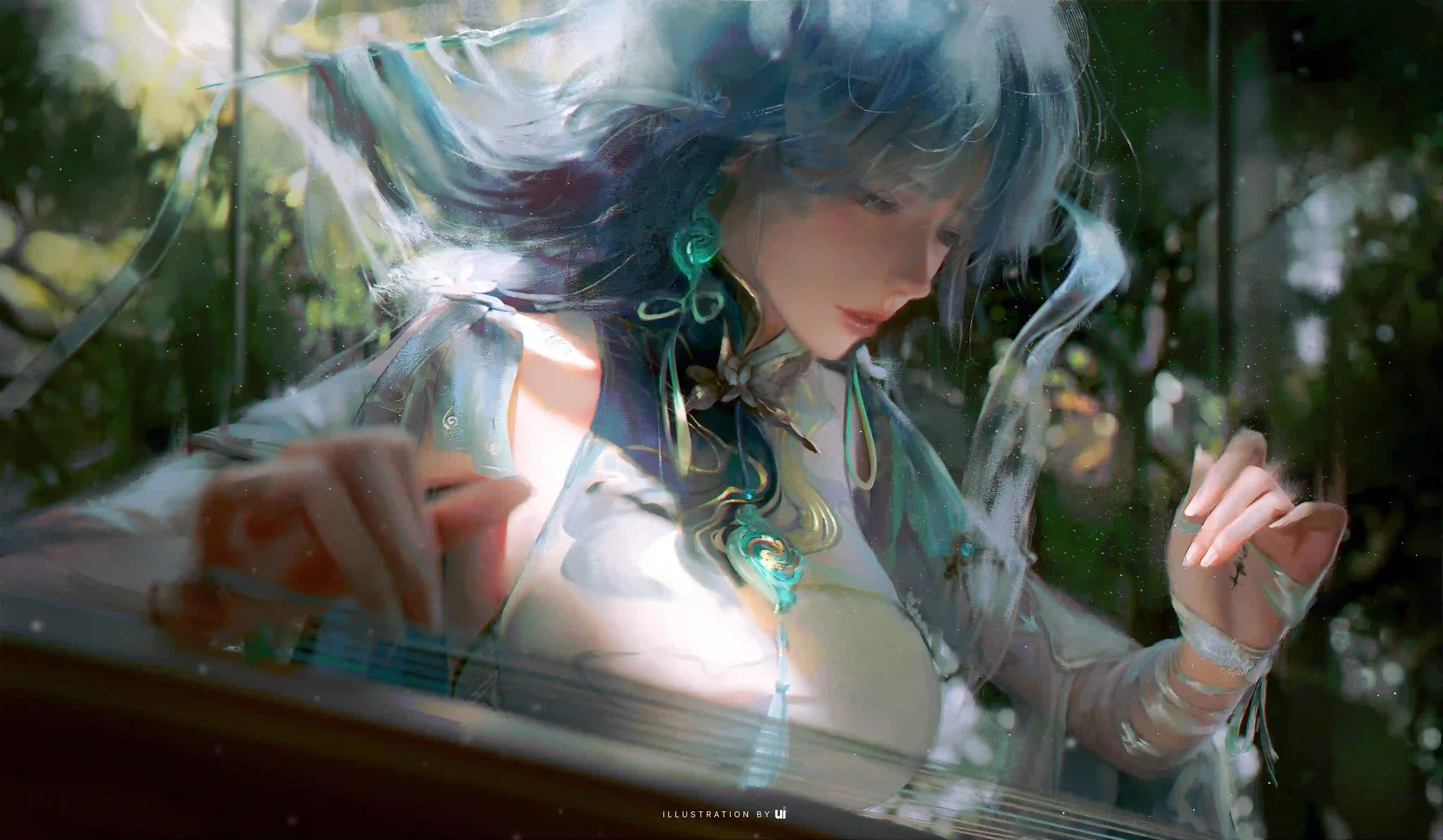 蓝发 古风少女 抚琴 插画 森林光影 意境唯美