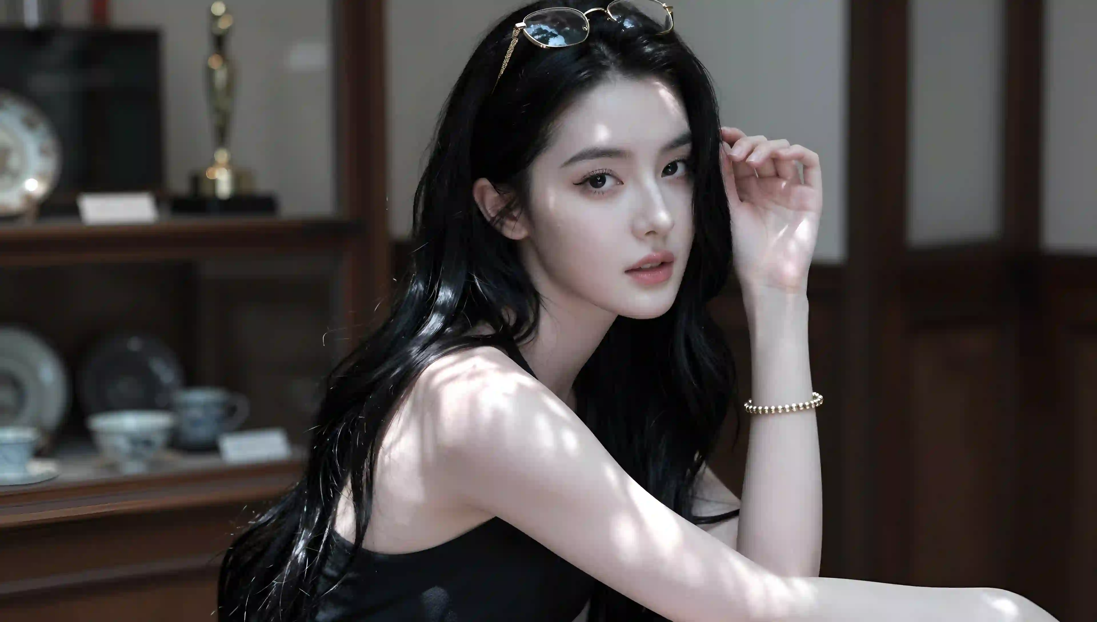 美女 人像 摄影 室内 长发 眼镜 优雅 光影