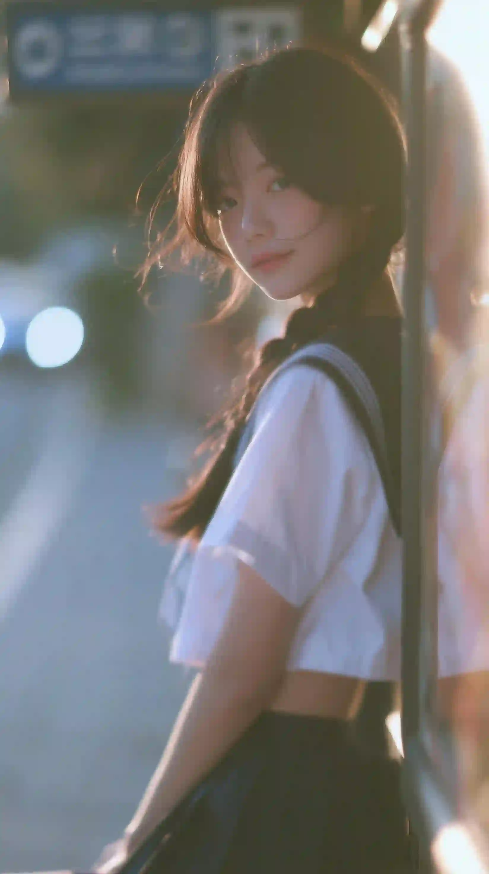 黄昏水手服少女 街头逆光 光斑背景 暖色调 唯美人物