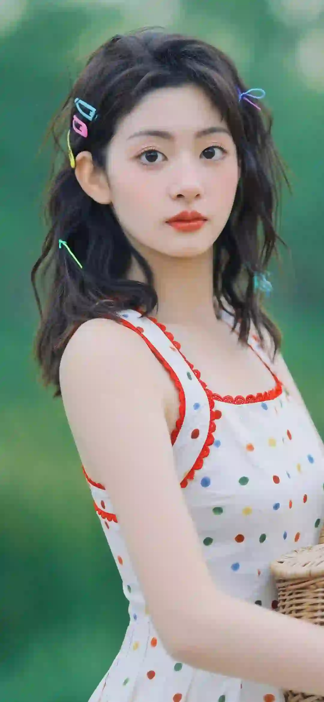 明星 赵晴 长发美女 可爱 斑点裙