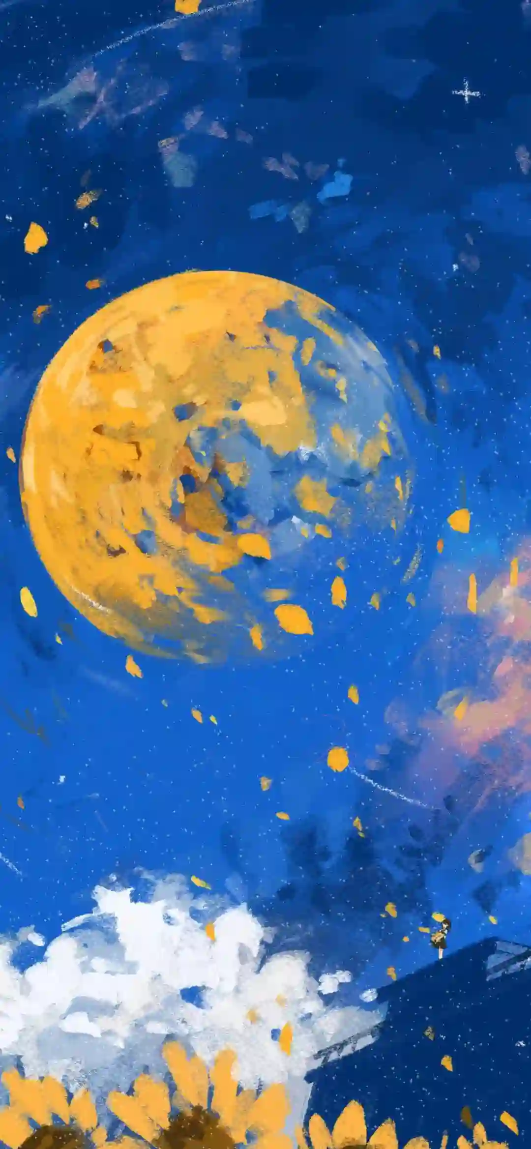 金色满月 向日葵 星空 手绘插画 梦幻壁纸 蓝金色 治愈