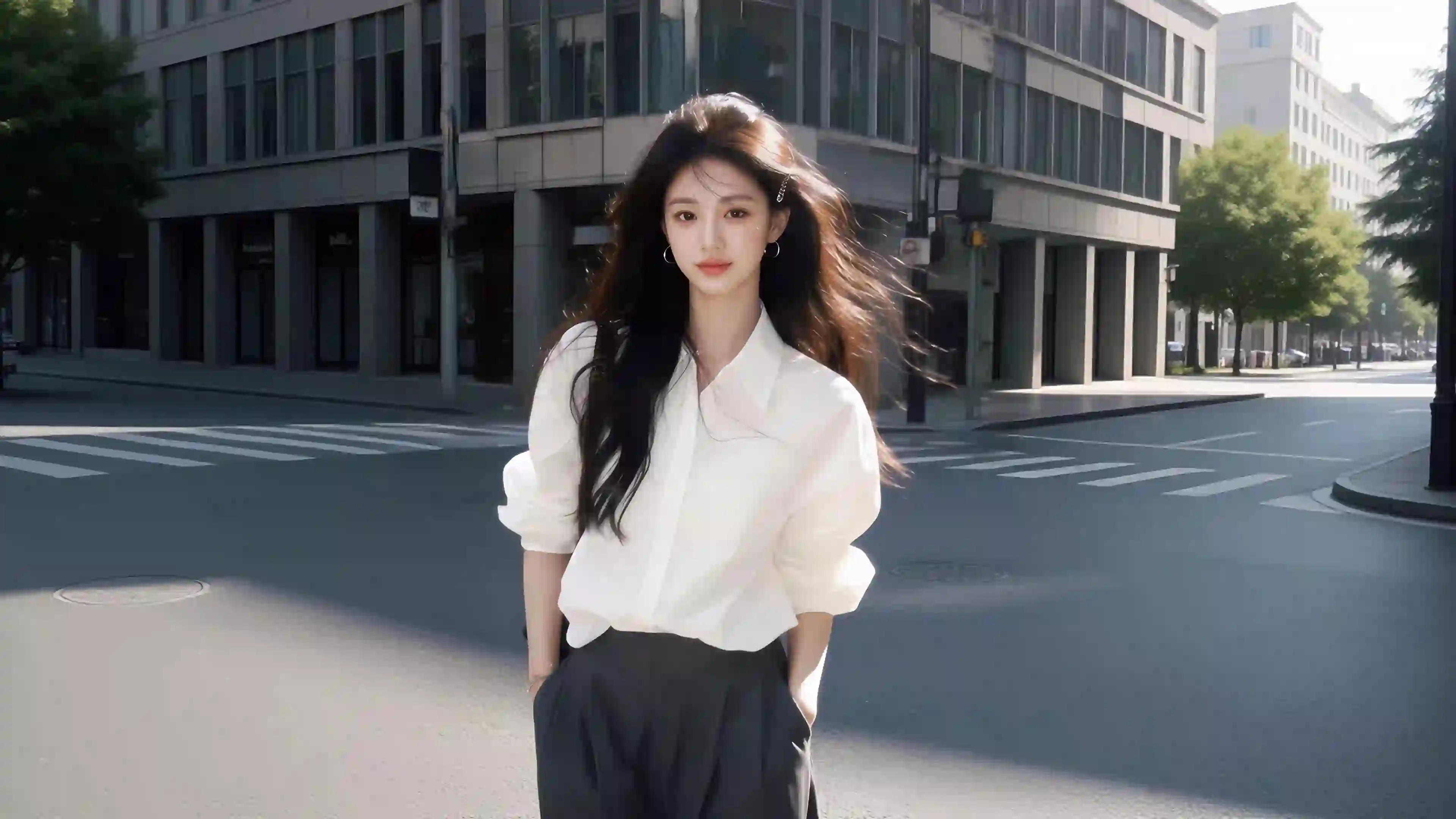 城市 街道 长发白色衬衫美女