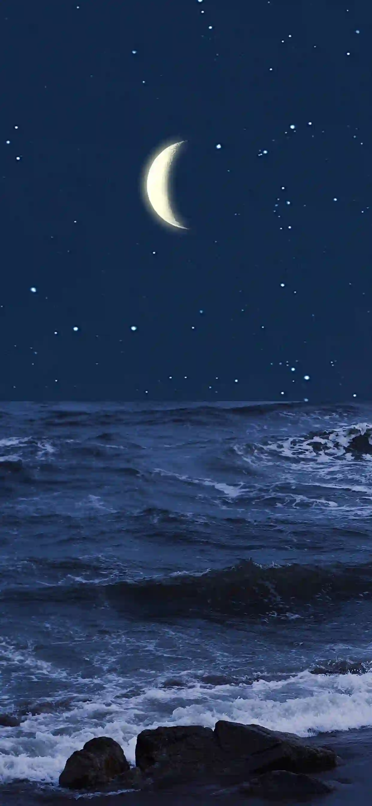 弯月 星空 夜景 海浪 壁纸