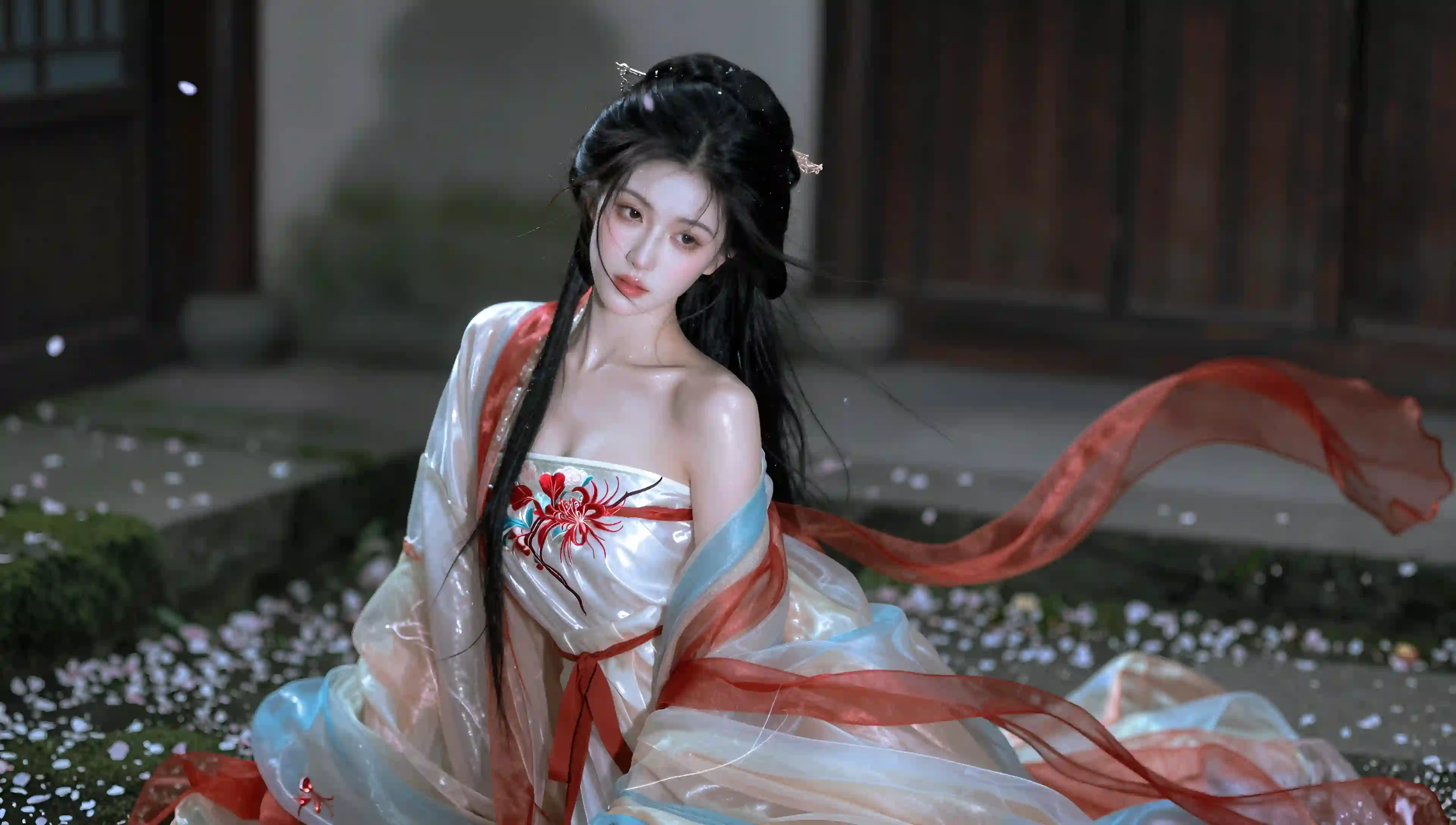 汉服 美女 庭院 花瓣 古风 唯美