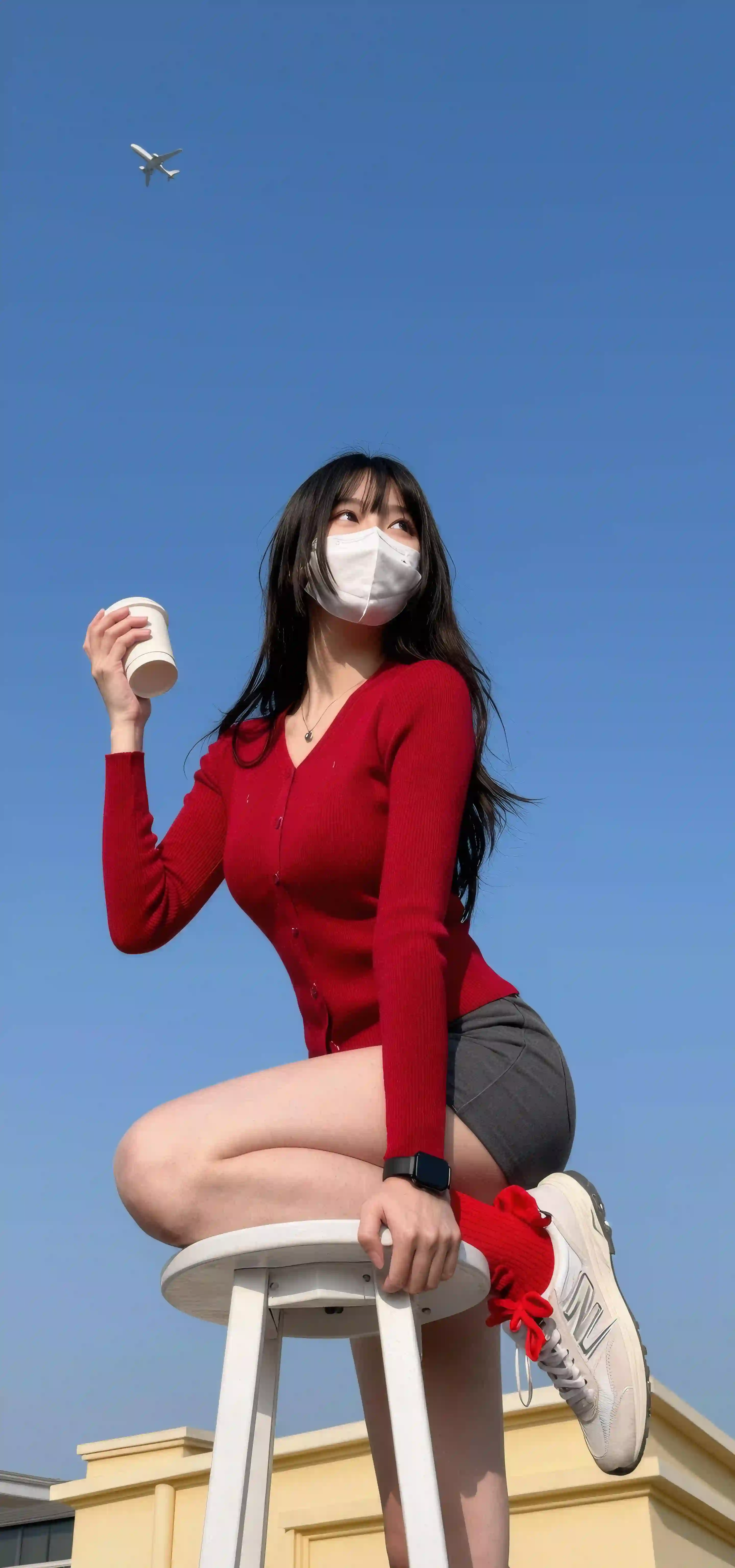 蓝天 戴口罩少女 咖啡 红色开衫 低角度 时尚穿搭