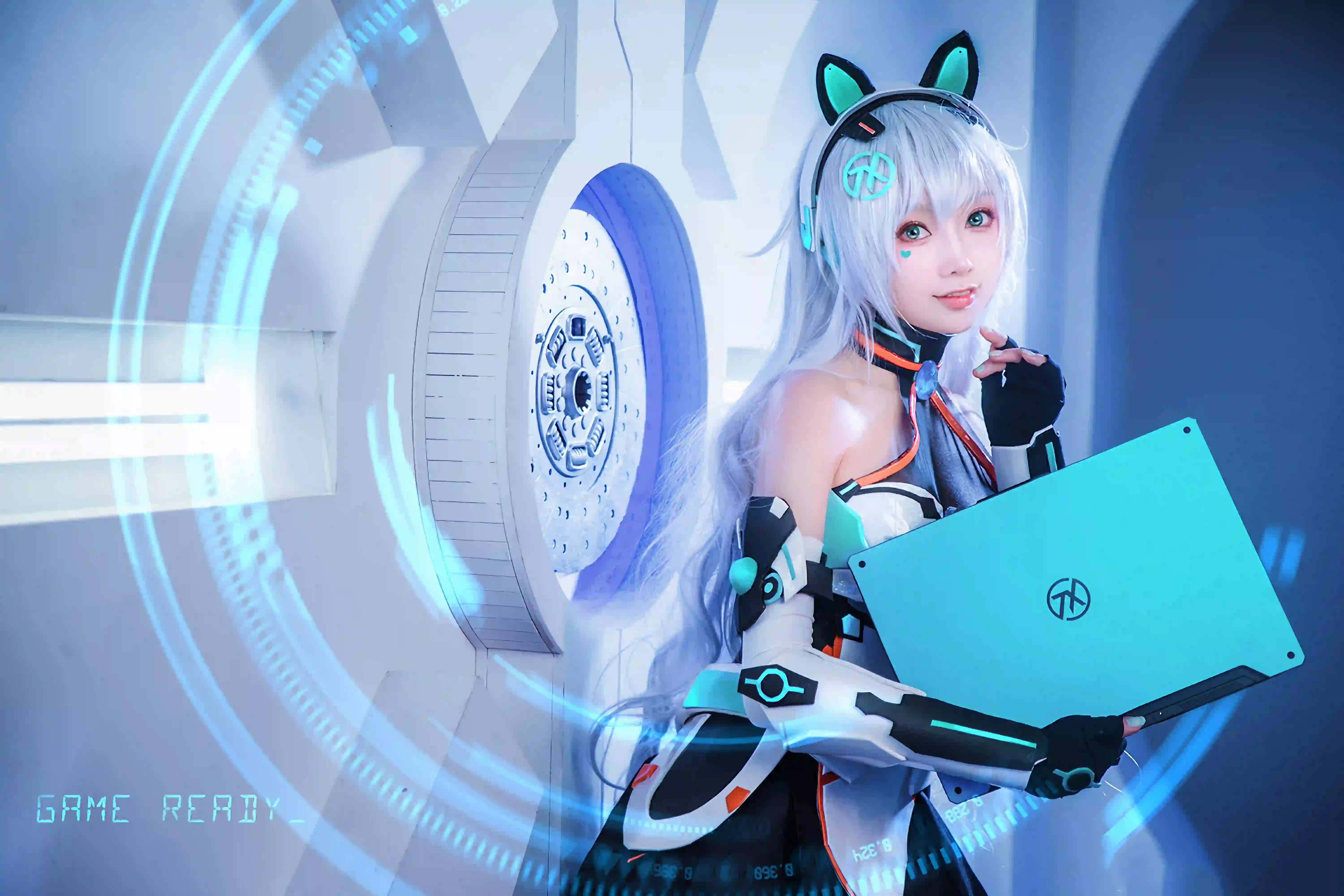 Coser 长发美女 白色头发 天选姬 电脑