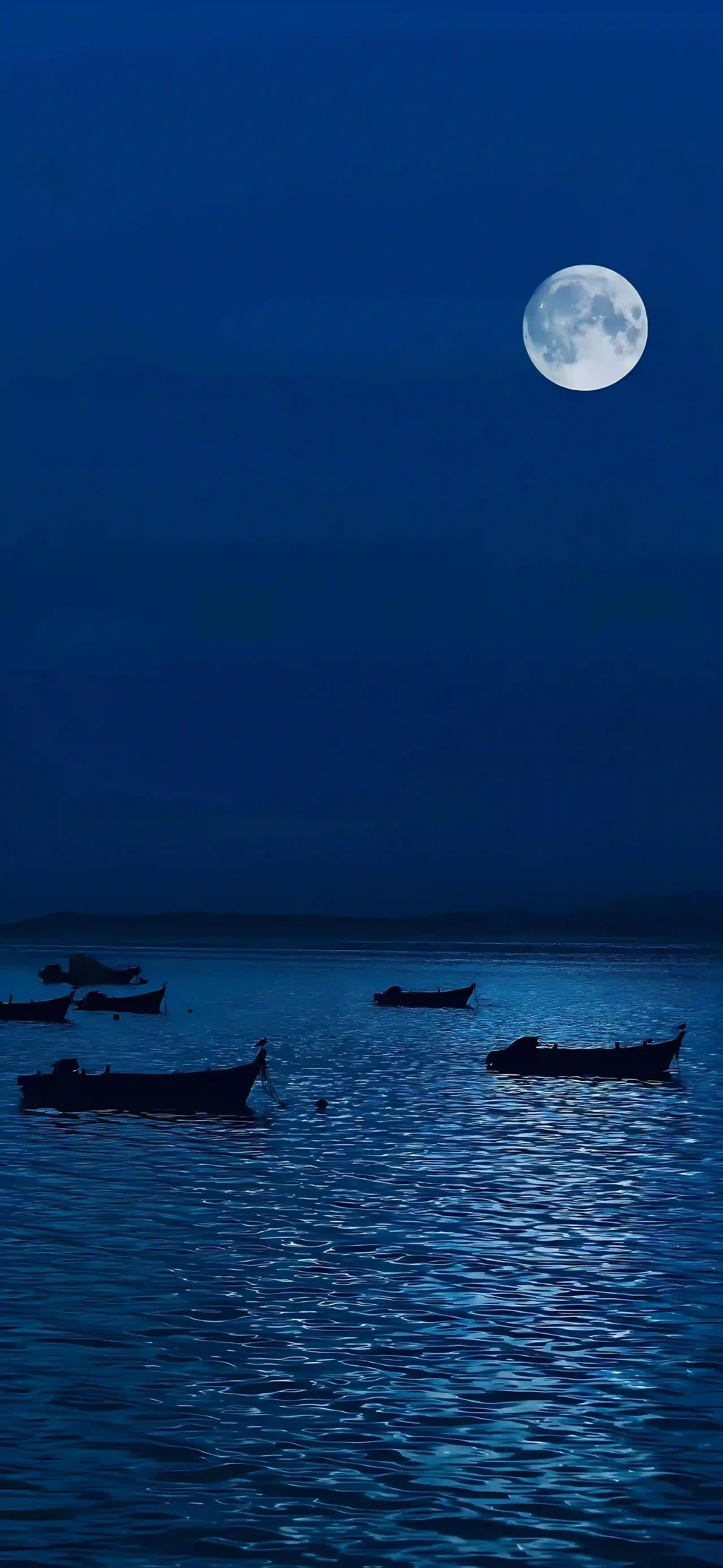 月光 静谧 水面 小船 夜空