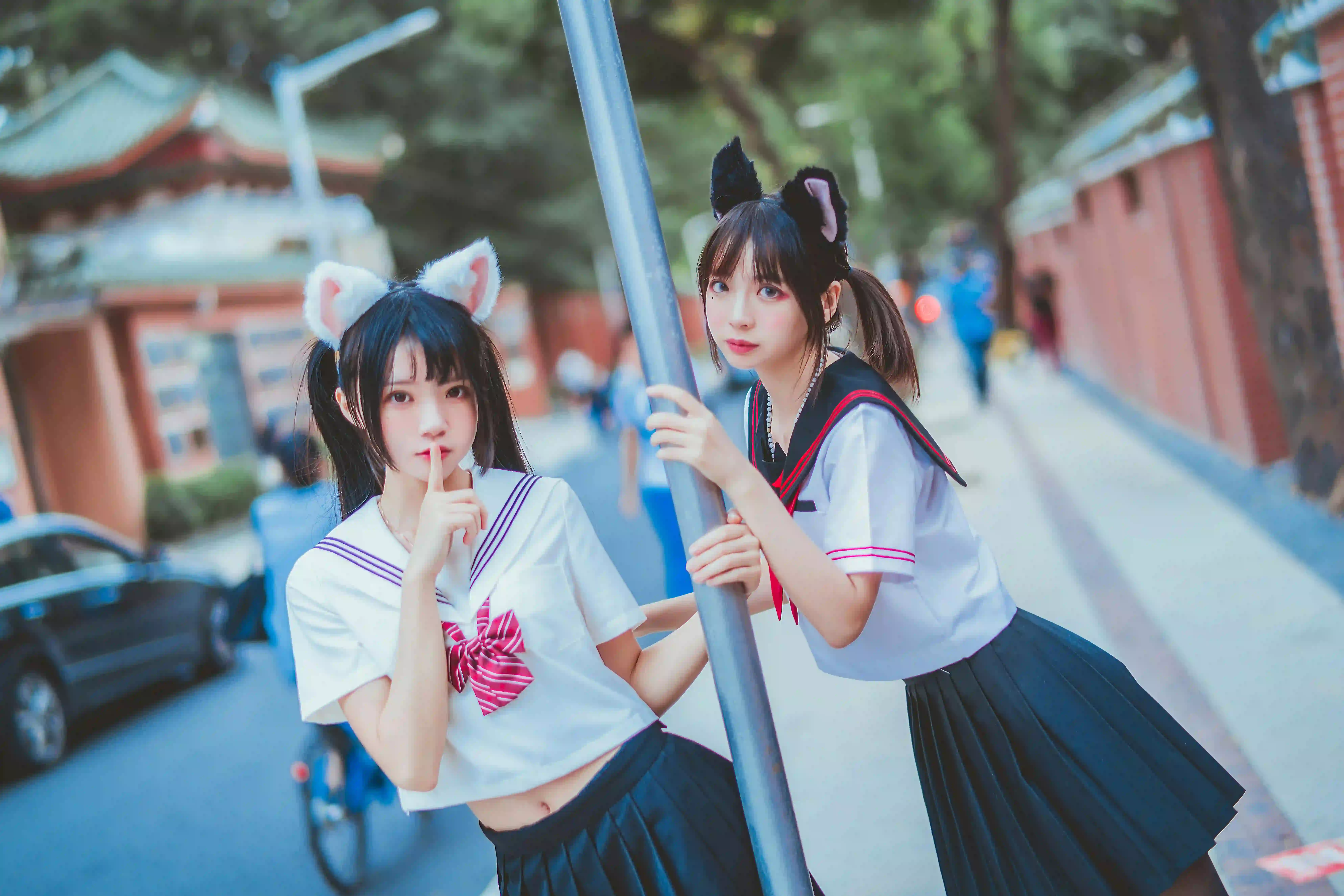 jk少女 长发美女 可爱 黑丝 电线杆