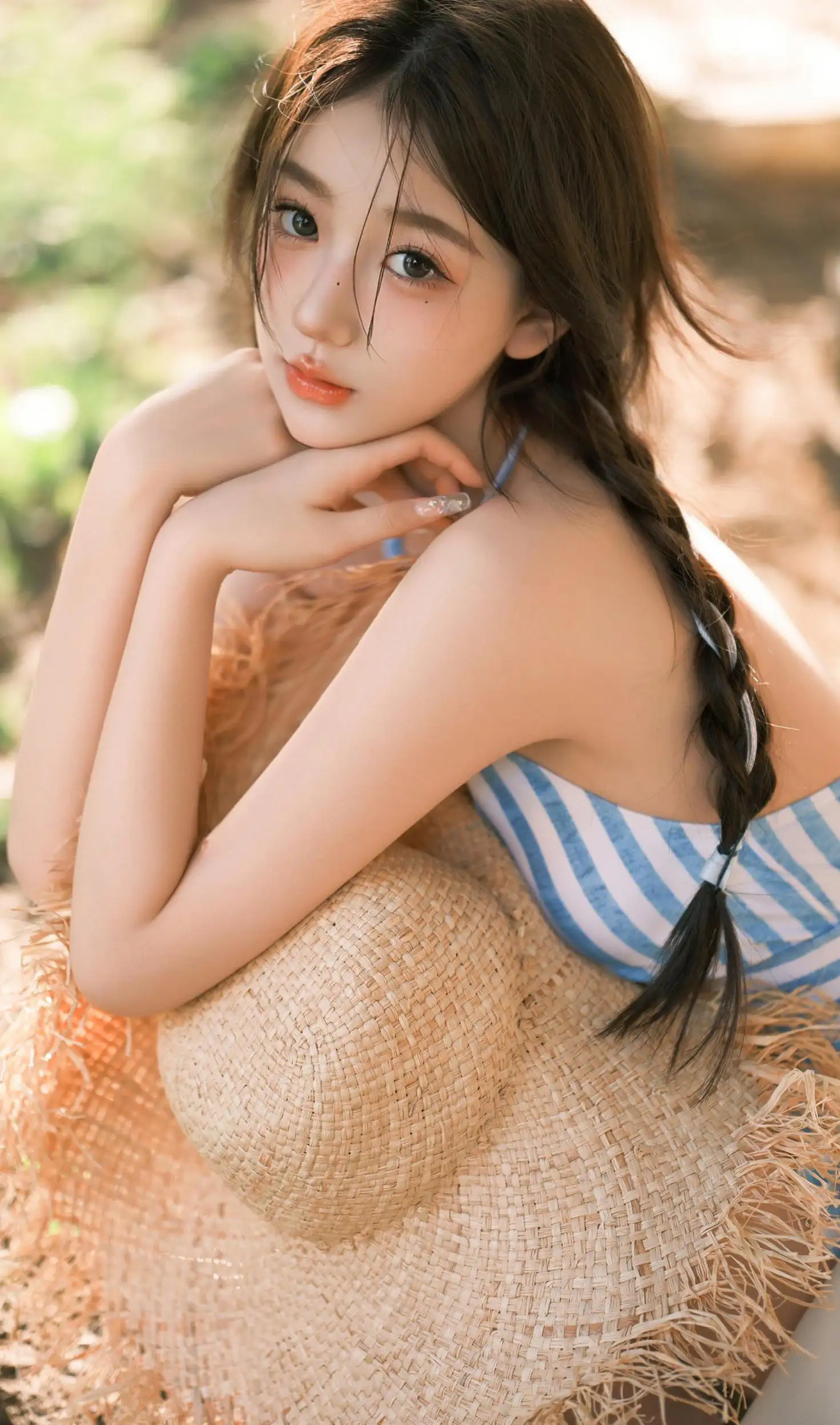 比基尼女生，抱着一顶草帽的麻花辫漂亮女生写真手机壁纸图片