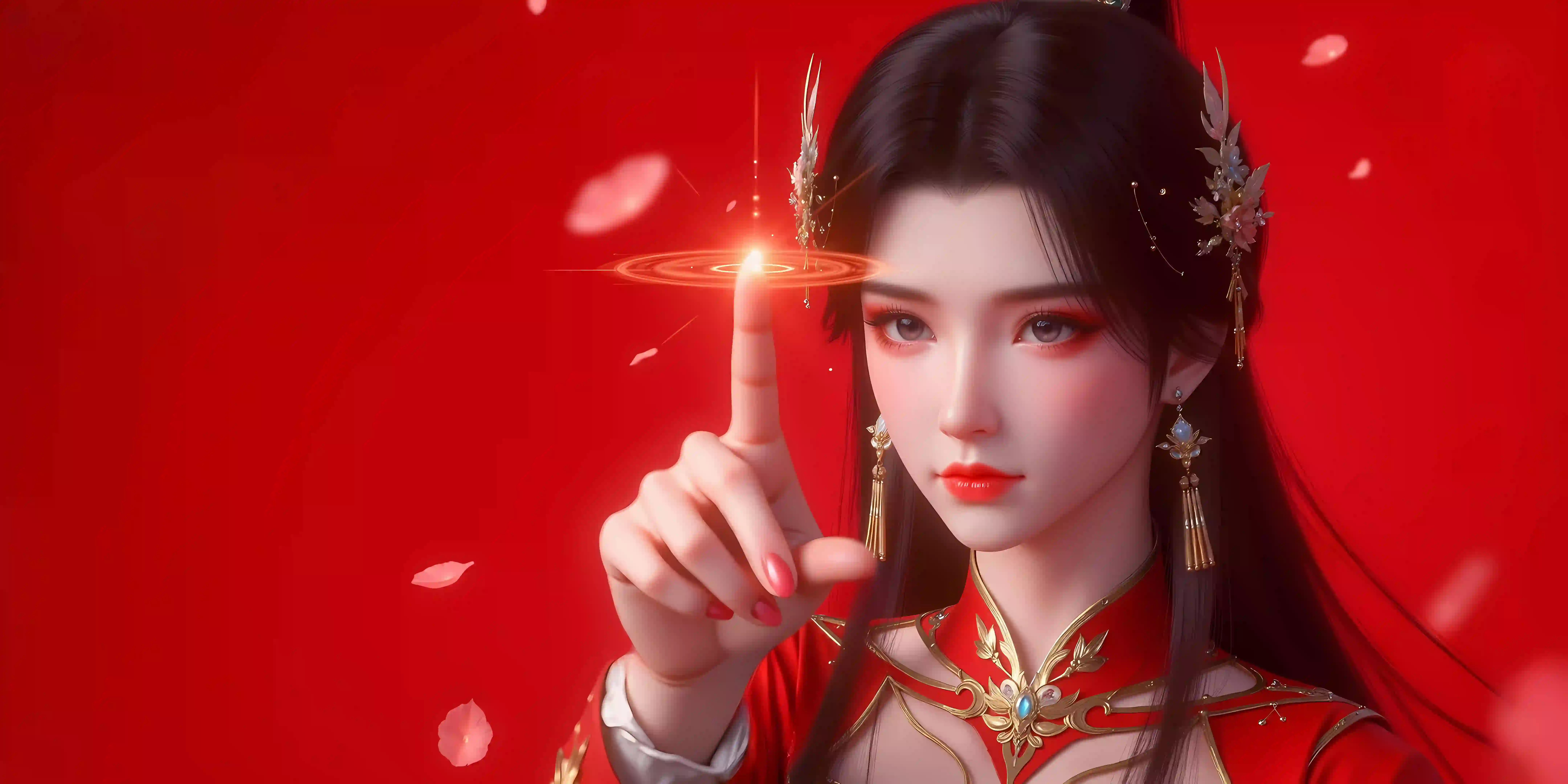 长发美女 ai 动漫角色 萧薰儿 红色背景 魔法