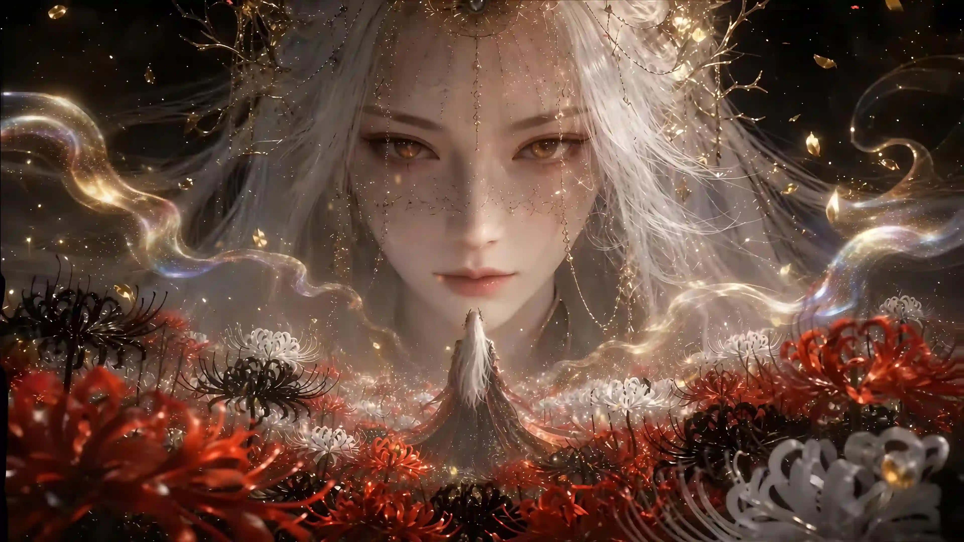 白发女神 彼岸花 奇幻 梦幻 金色光效 AI壁纸