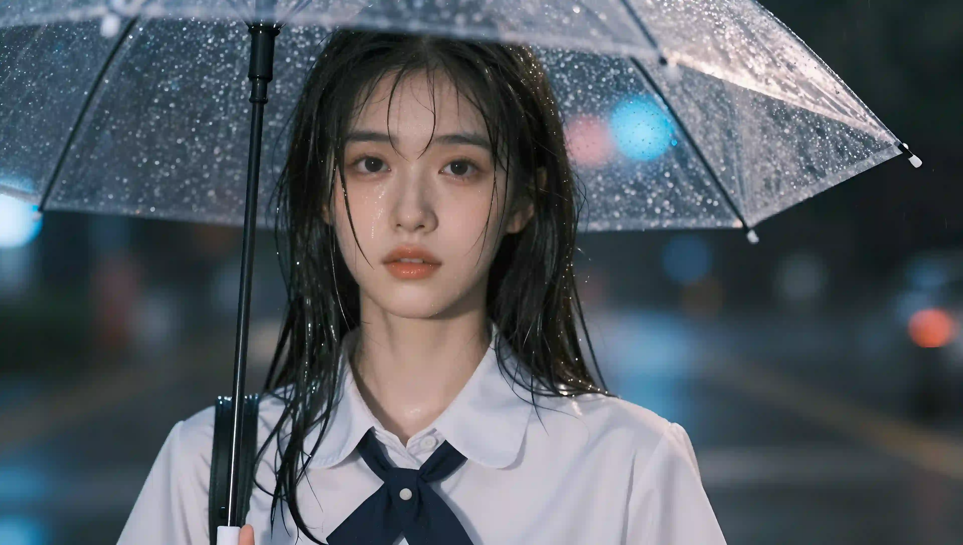 雨夜 少女 雨伞 校服 人像 氛围