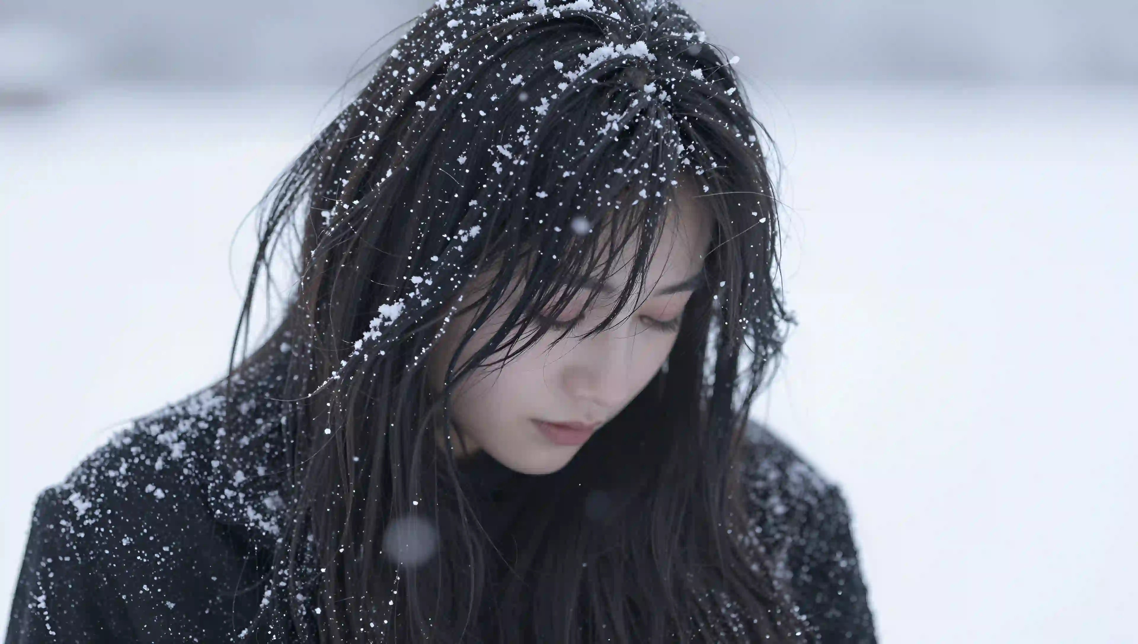 黑发少女 雪景 特写 唯美 安静 冬季 冷艳