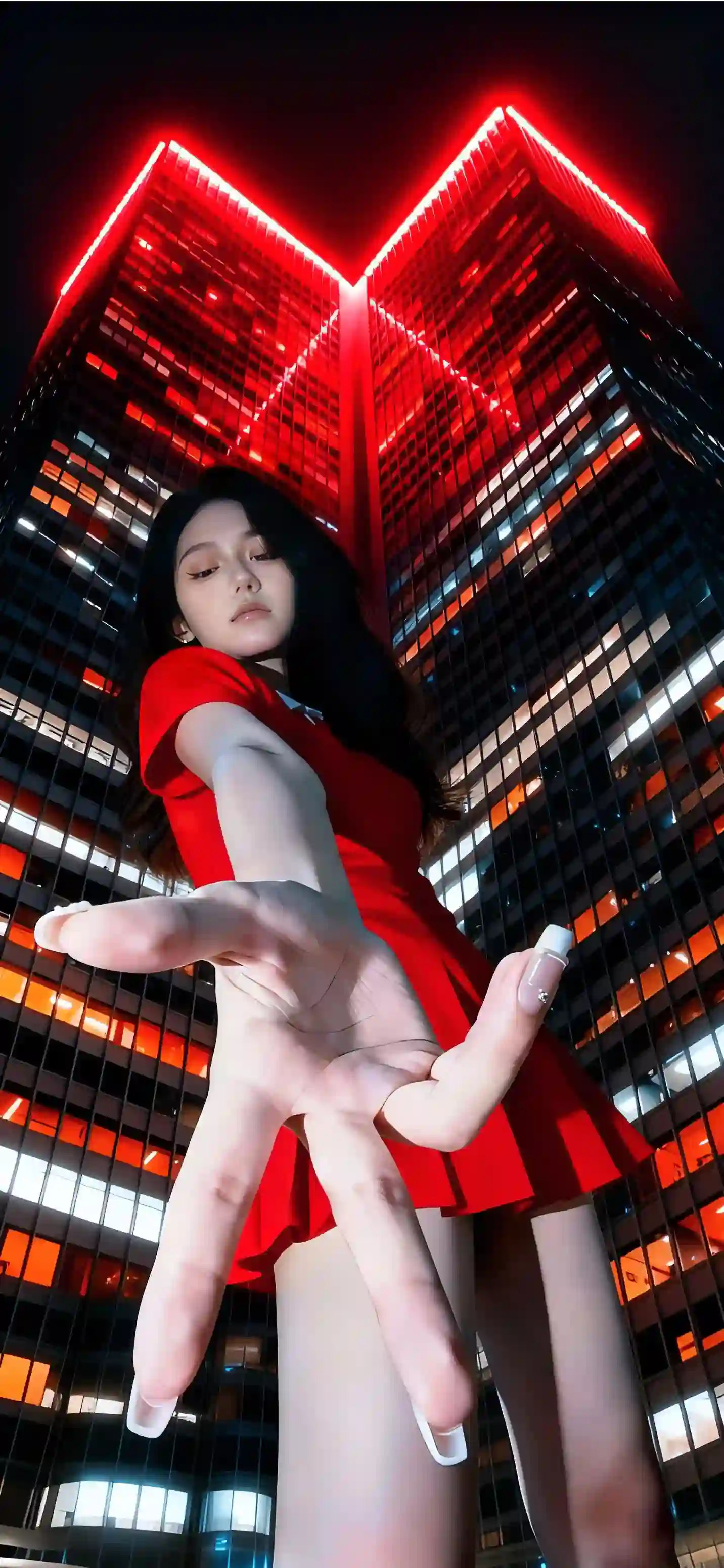 仰拍视角 高楼大厦 科技感 红色裙子 御姐