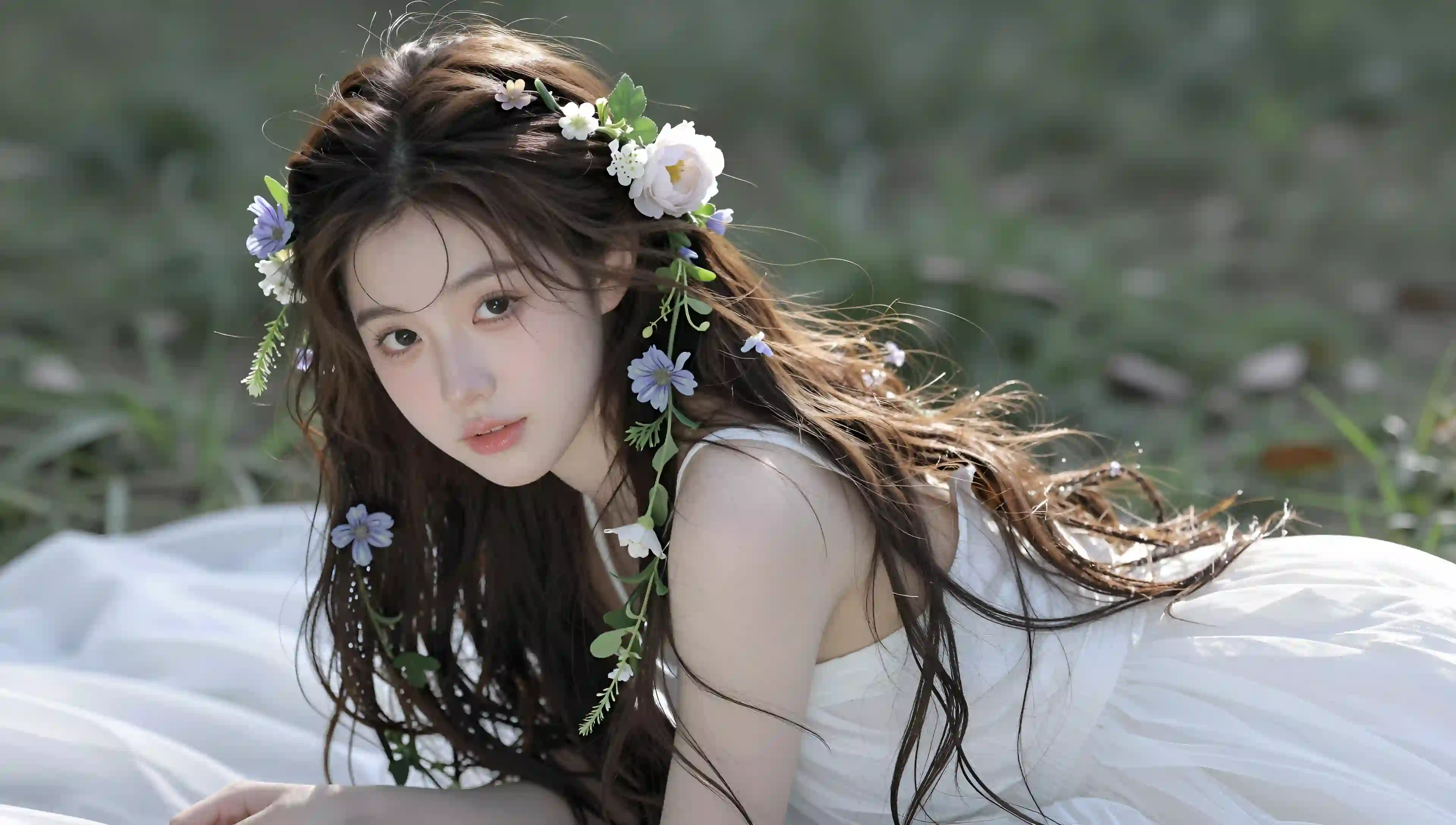 戴花环 白裙 少女 清纯 自然 唯美 壁纸