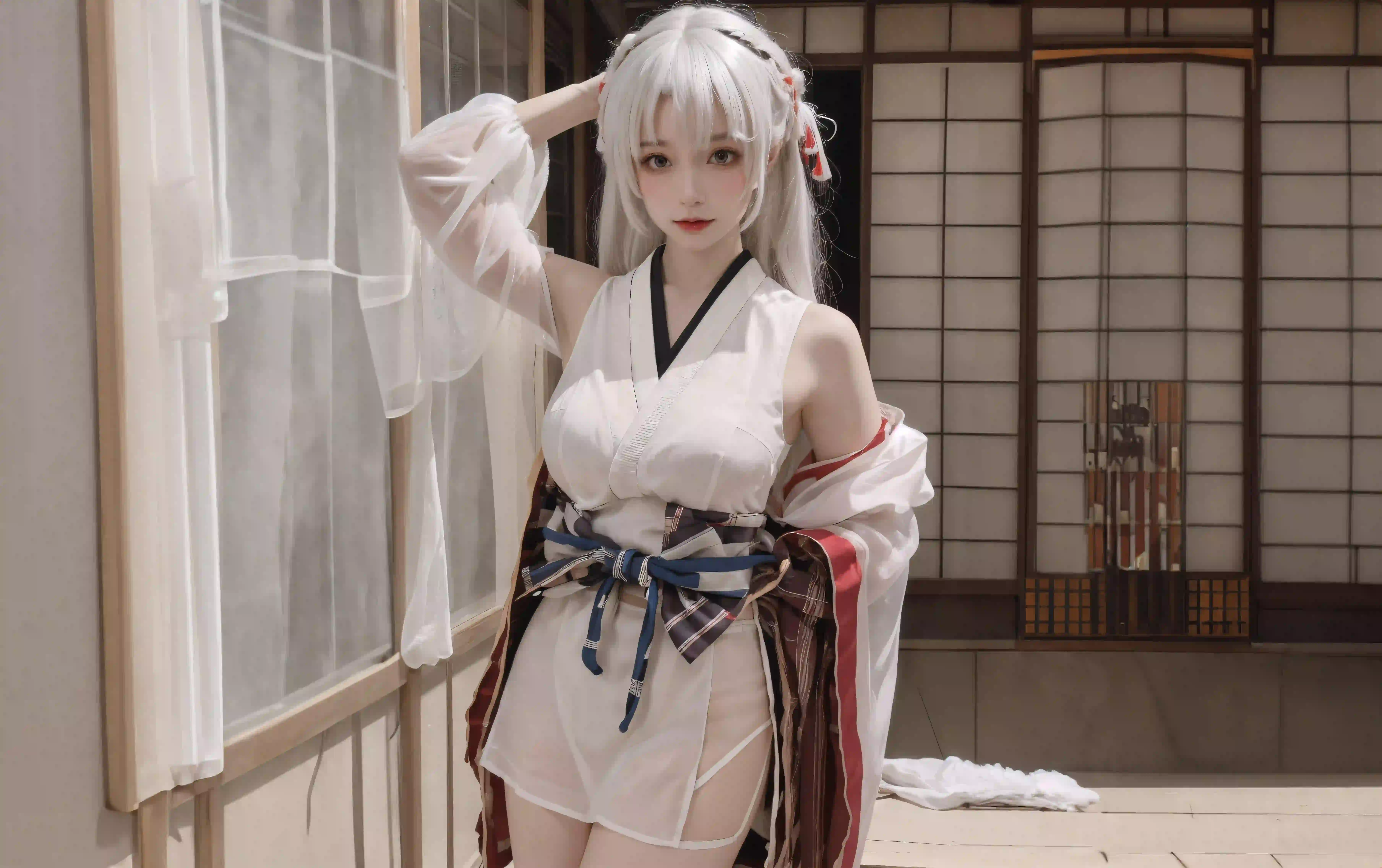 白色头发 coser  和服美女 居家写真