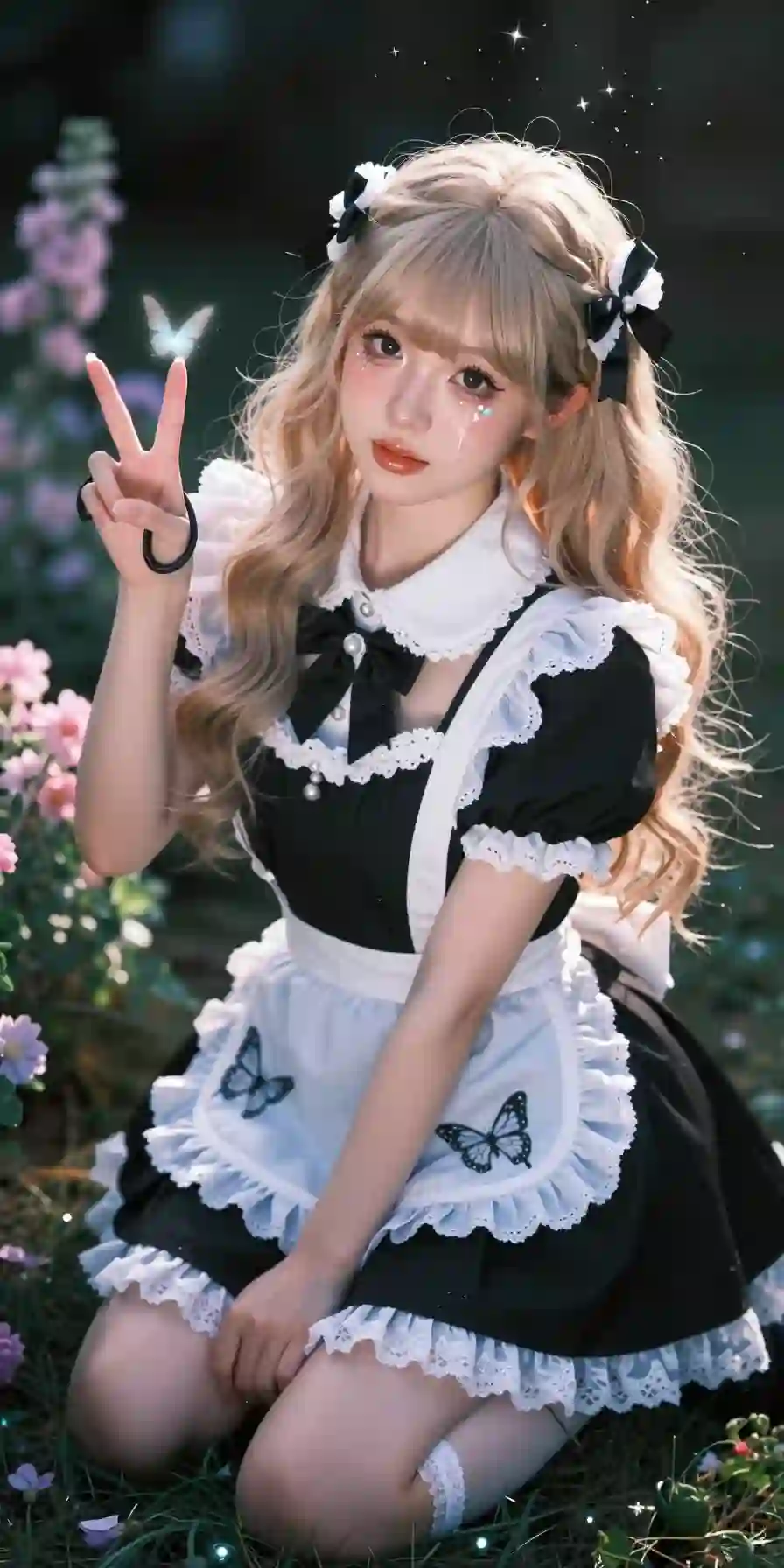 梦幻场景 女仆穿搭 长发美女 蝴蝶结发卡 户外 蝴蝶