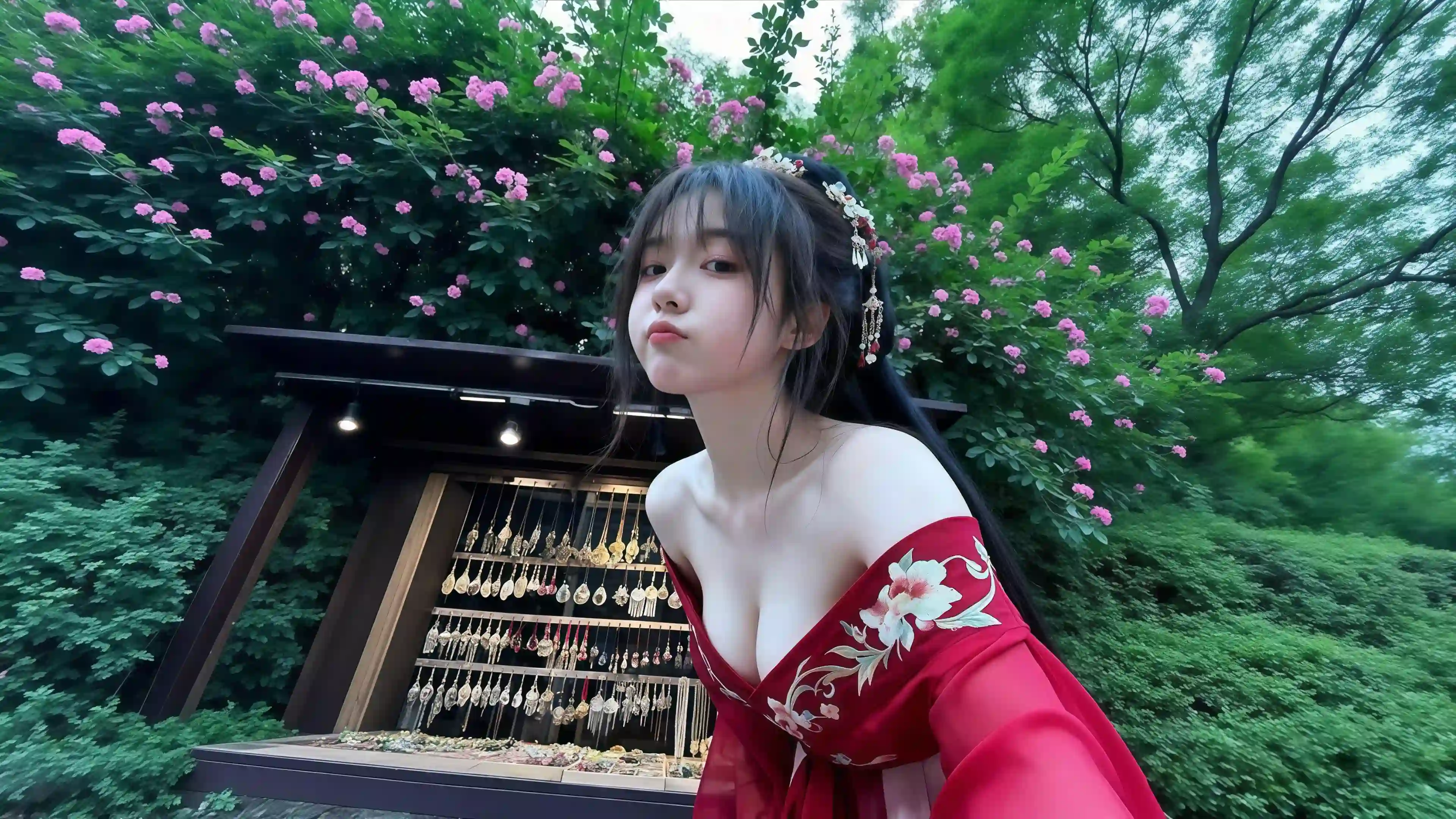 汉服少女 绿树 花丛 银饰 摊位 自然光