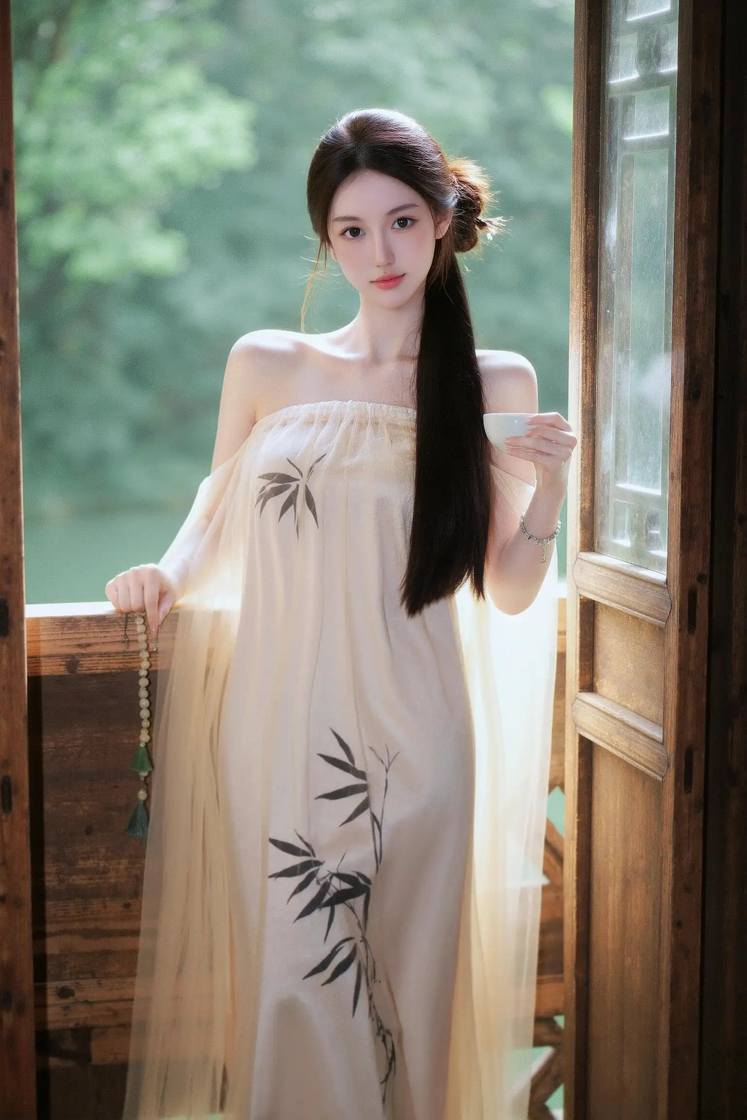 长发白裙古风美女 抹胸美女 长发美女 户外写真
