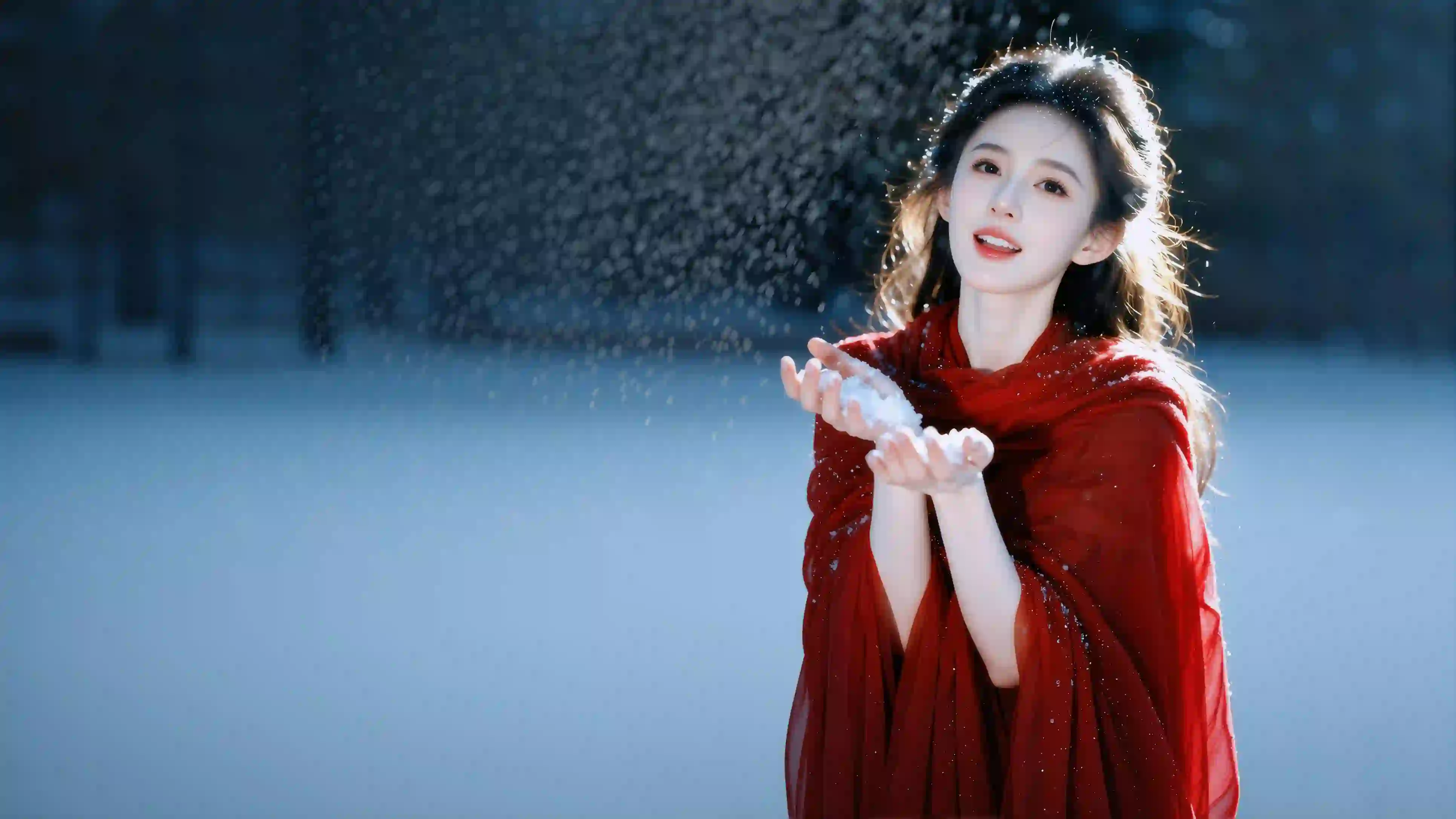 冬天 红色裙子漂亮美女 手捧着雪花 甜美微笑