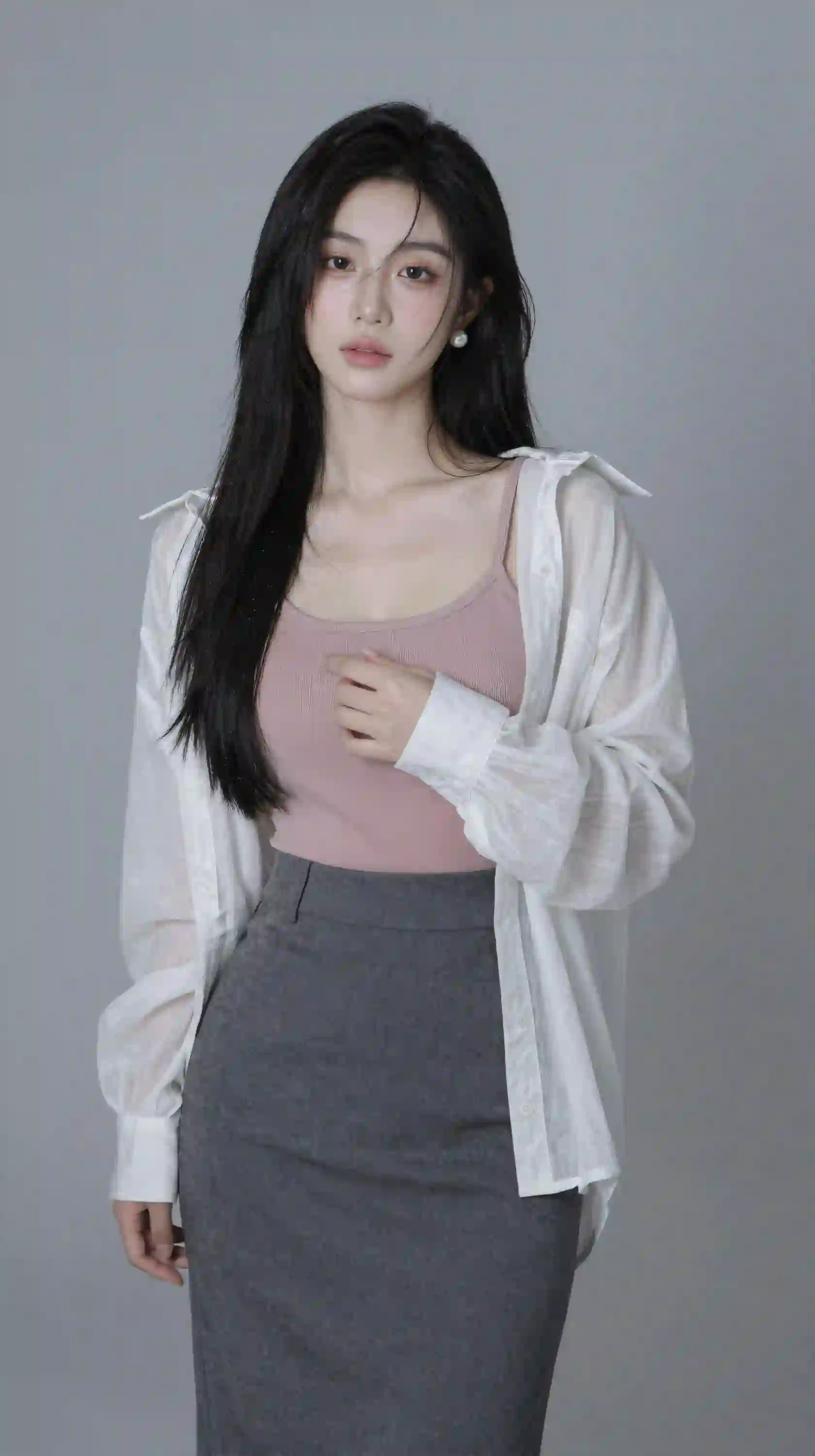 长发美女 白衬衫 灰色裙子 时尚写真 人像摄影 清纯