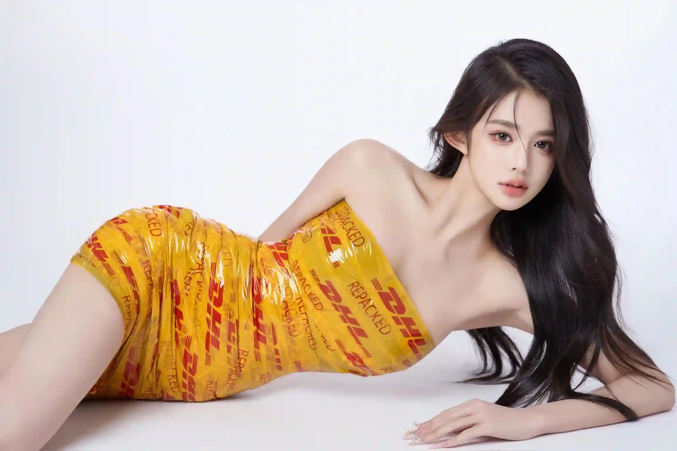 长发性感美女 抹胸美女 黄色胶带 长腿美女