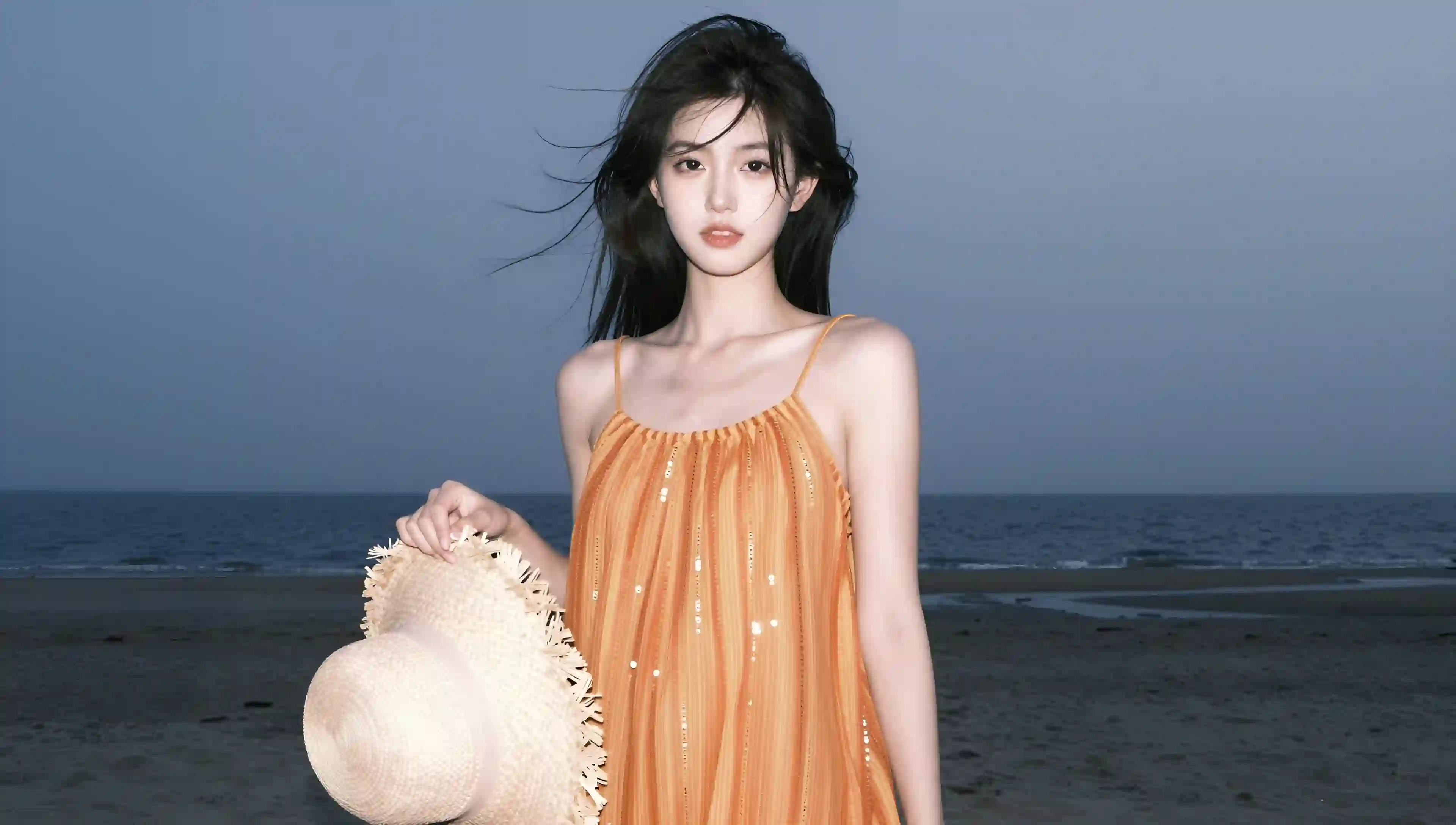 海滩女孩 橙色吊带裙 草帽 海边 夕阳