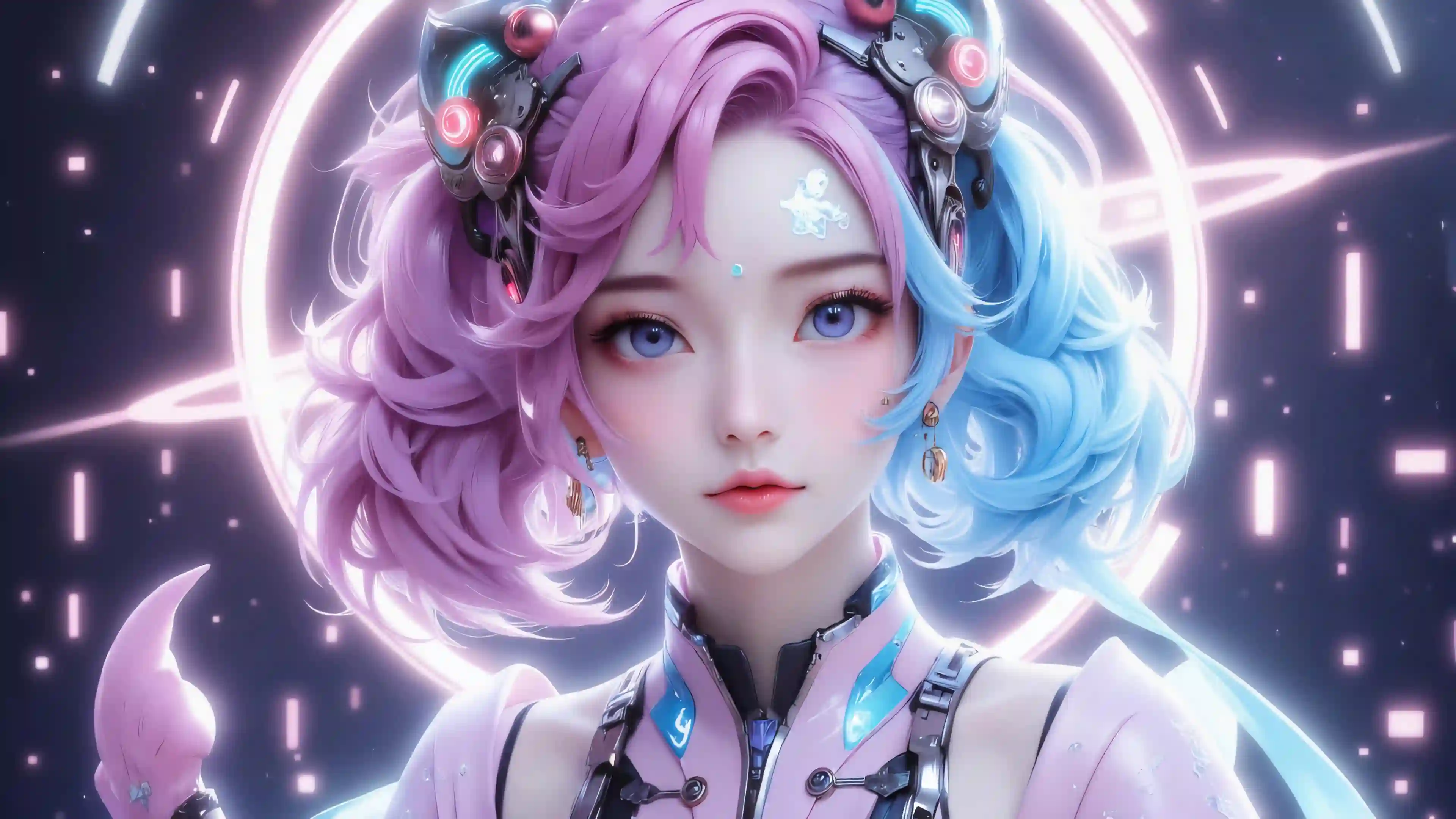 赛博美女 科幻 4K壁纸 彩色头发 机械美感 ai 赛博朋克