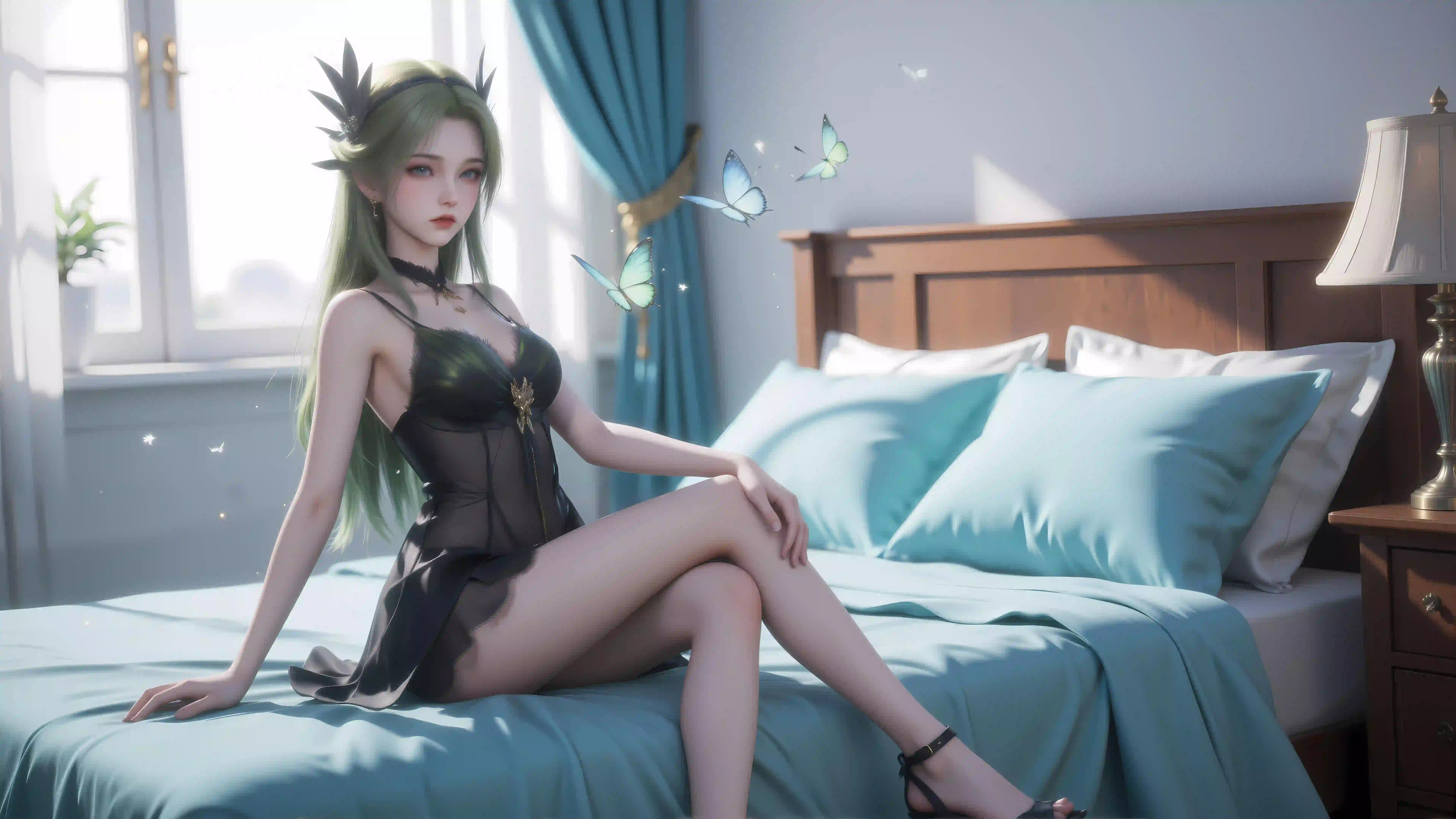 二次元 Ai 绿色头发 居家写真 长腿美女 光影
