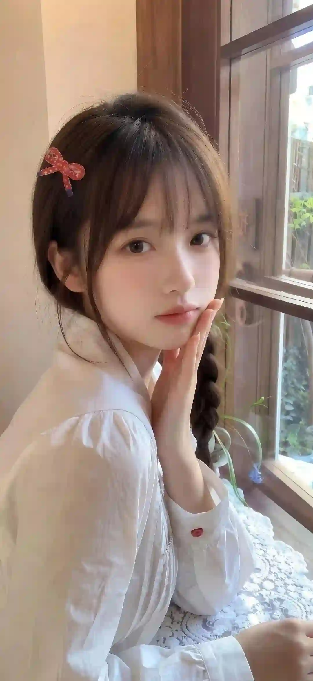 窗边 少女 白色衬衫 蝴蝶结发饰 清纯 温柔