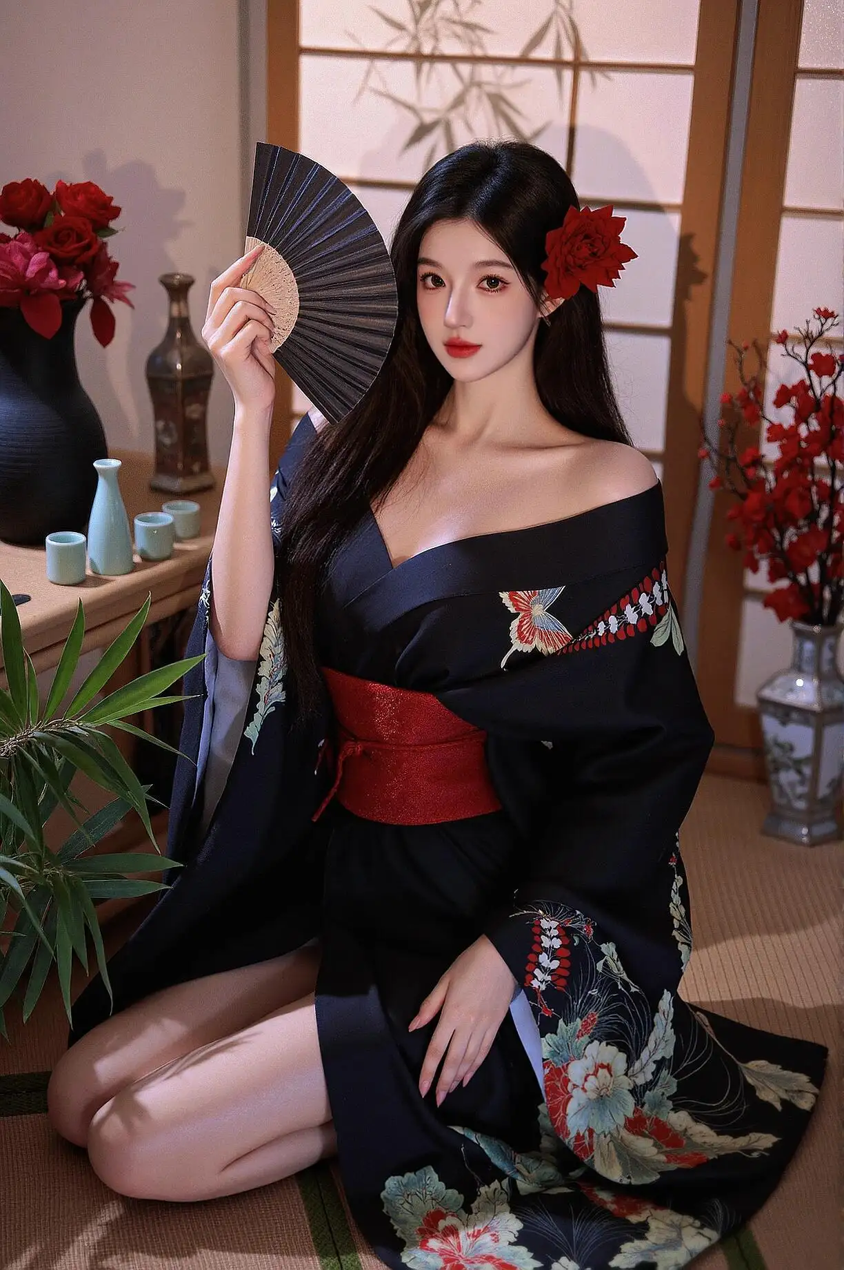 拿着扇子的长发和服美女 跪姿 和服 长腿 美腿