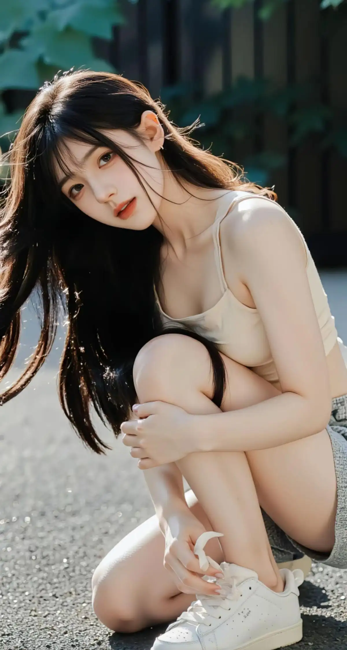 蹲在地上系鞋带的高颜值AI女生吊带内衣加牛仔短裤穿搭唯美手机壁纸